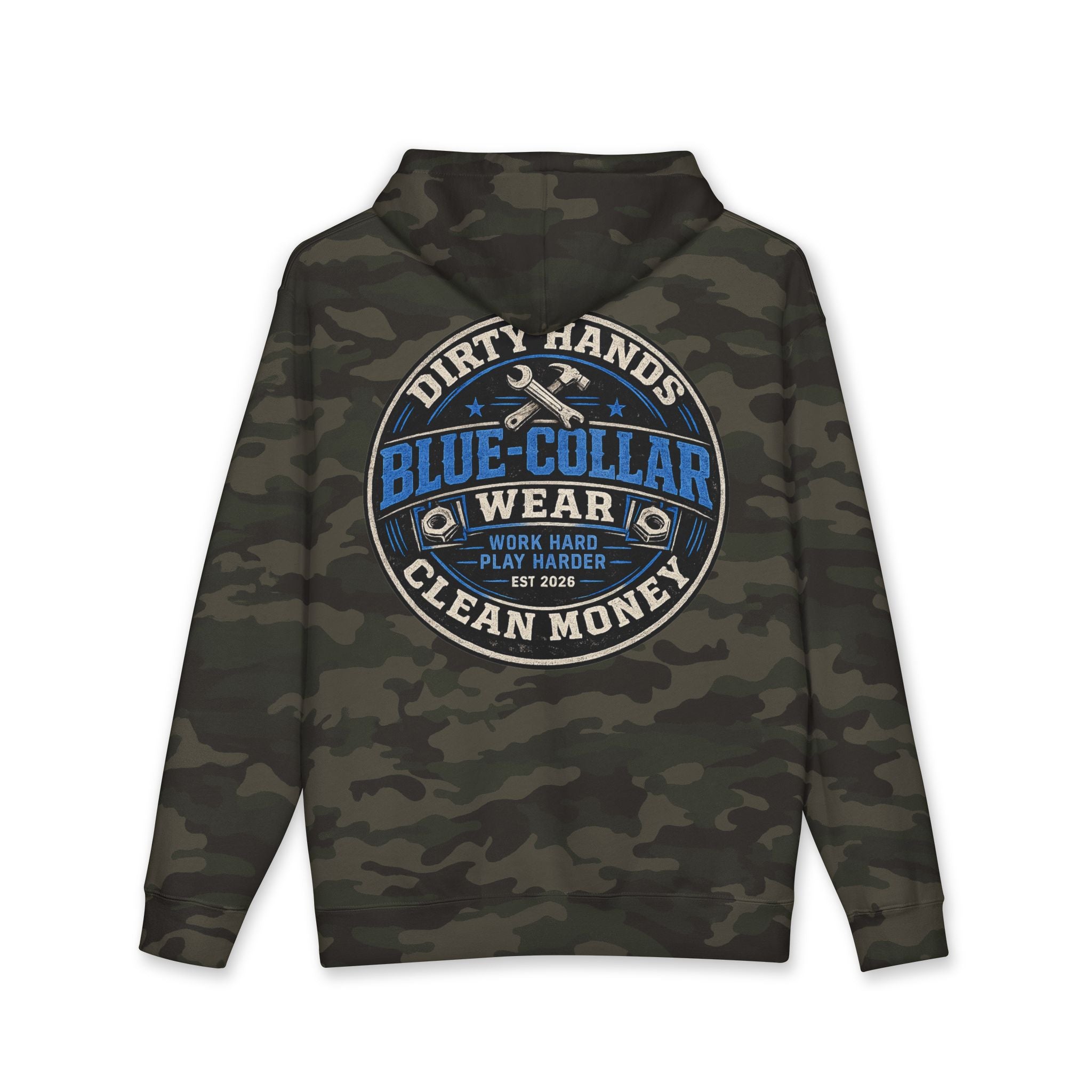 Blue-Collar Workwear Hoodie — "Dirty Hands, Clean Money" Chest & Back Graphic
