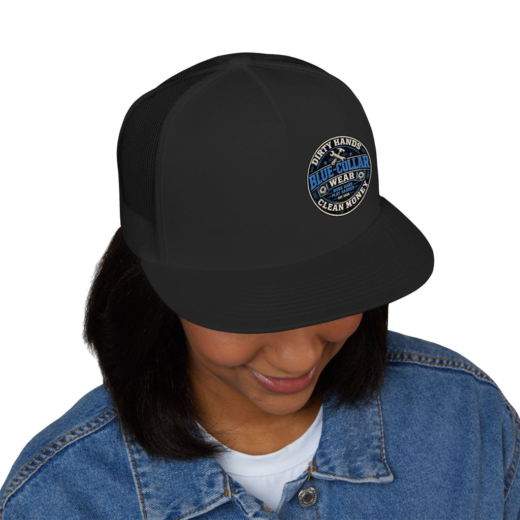 Blue-Collar Workwear Trucker Cap — "Dirty Hands Clean Money" Patch