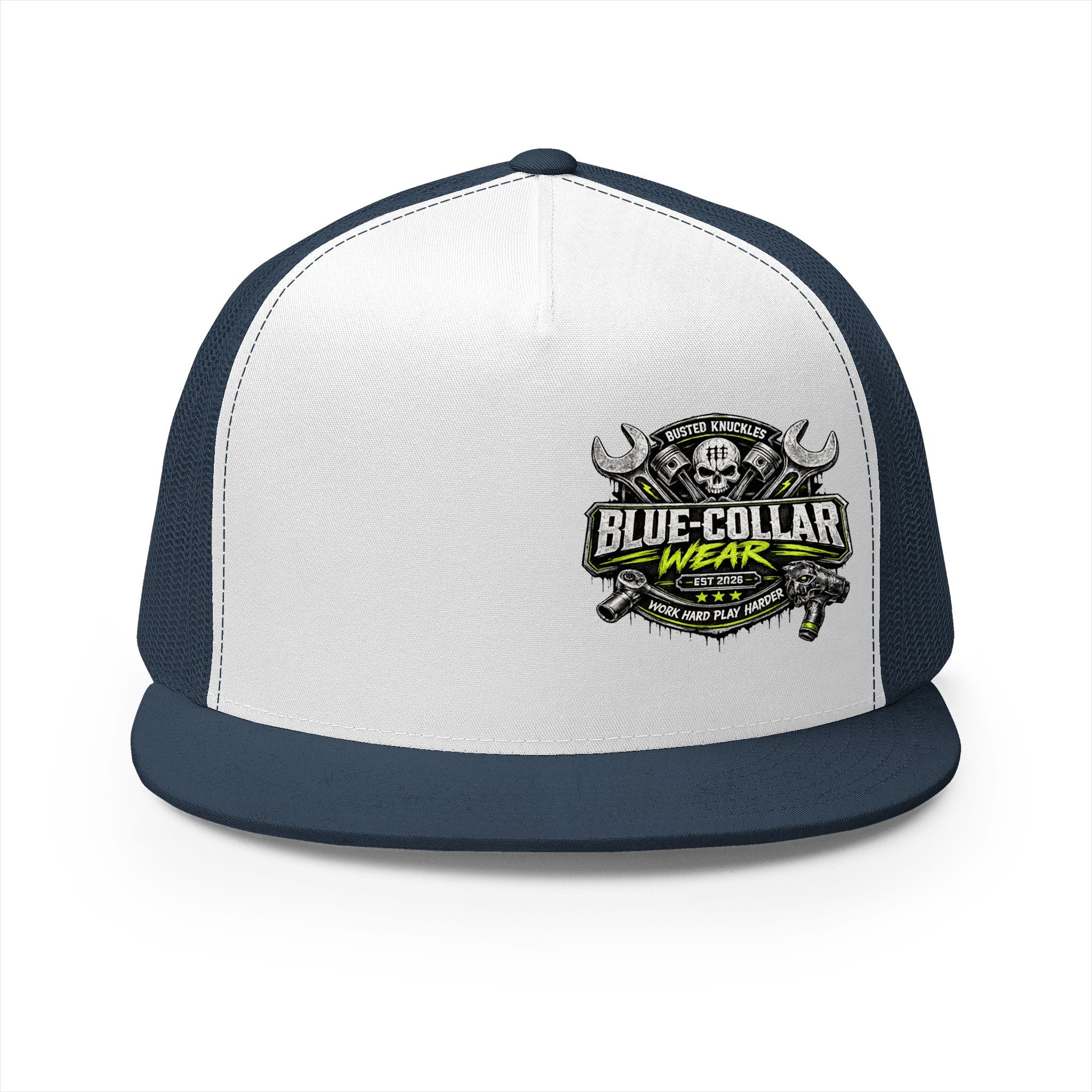 Blue Collar Wear Trucker Cap Mechanic — Workwear Skull Logo Mesh Snapback