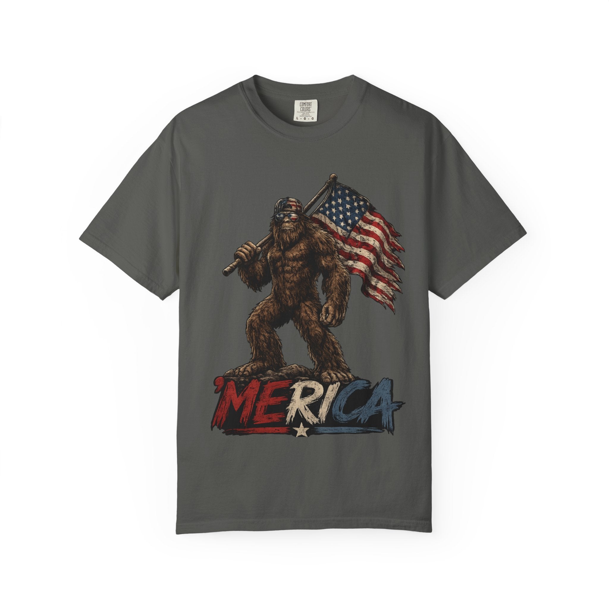 'Merica Bigfoot Flag T-Shirt — Patriotic Sasquatch Americana Tee