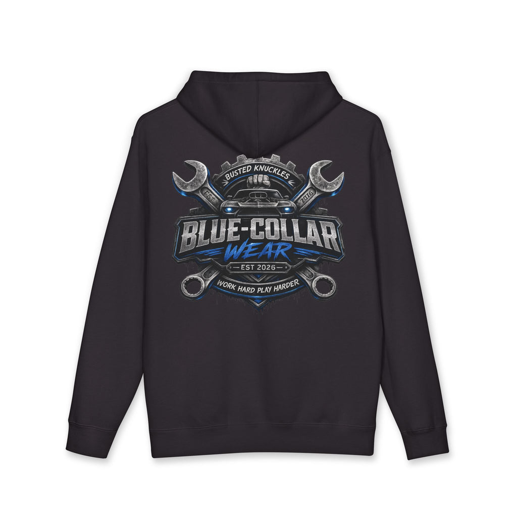 Blue-Collar Wear Hoodie — Mechanic Wrench Logo Workwear Pullover