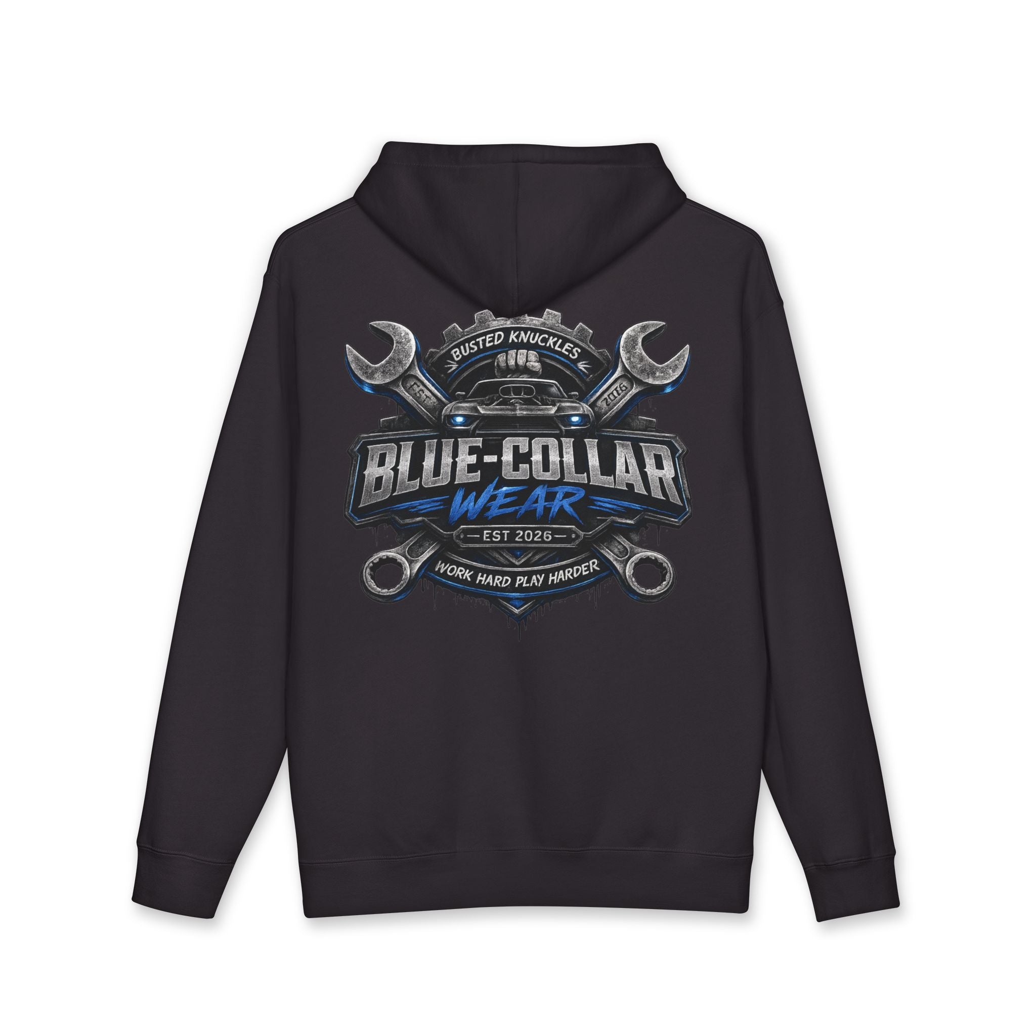 Blue-Collar Wear Hoodie — Mechanic Wrench Logo Workwear Pullover
