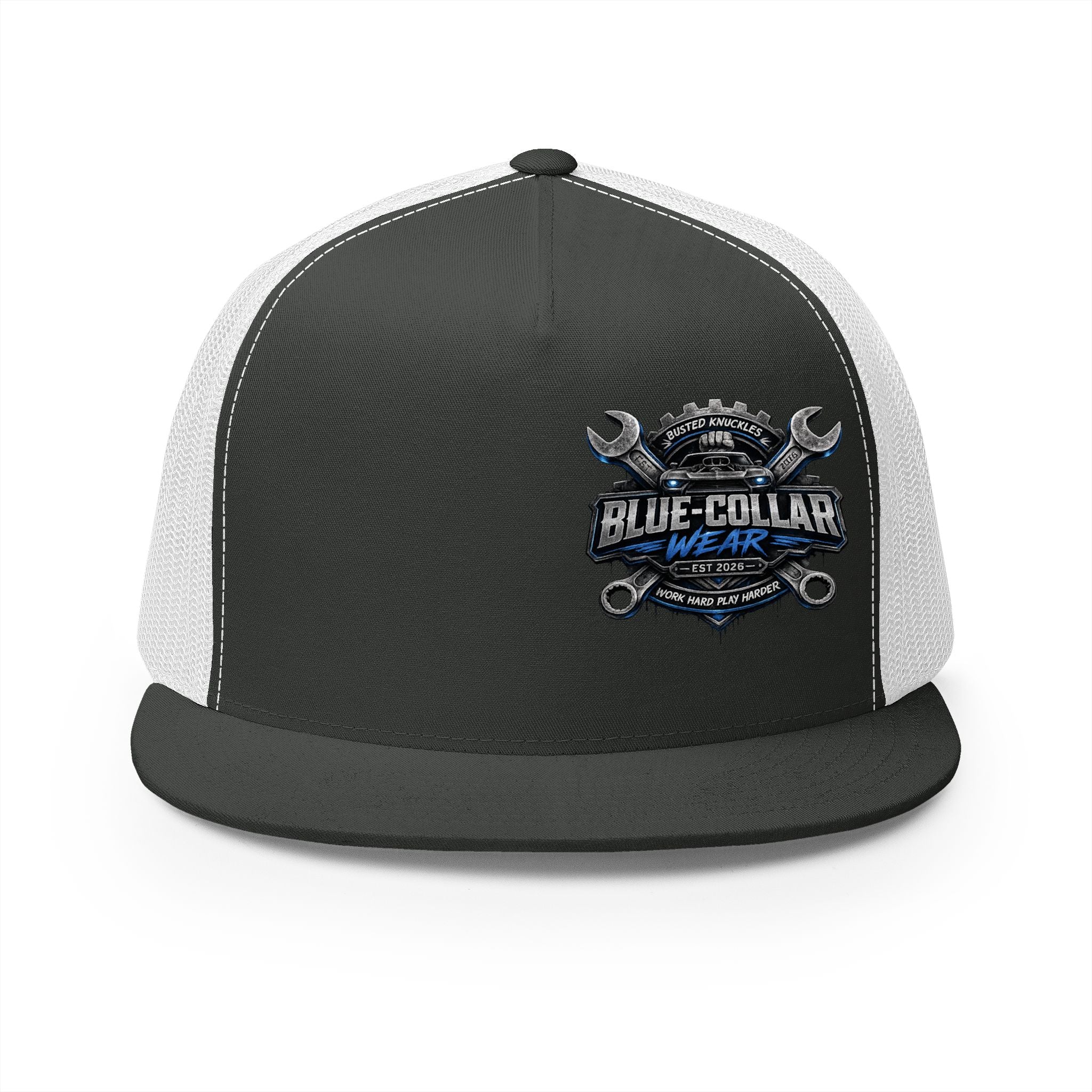 Blue-Collar Wear Trucker Cap — Vintage Mechanic Logo Snapback