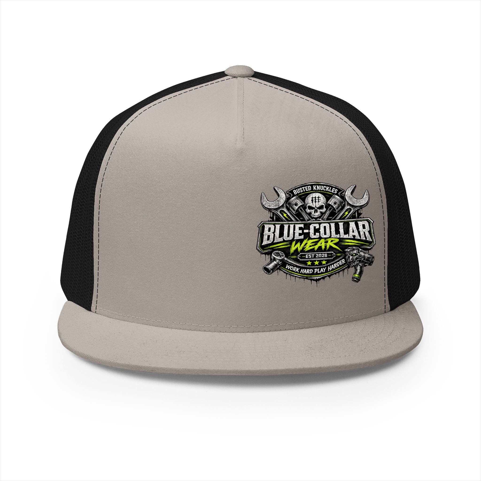 Blue Collar Wear Trucker Cap Mechanic — Workwear Skull Logo Mesh Snapback