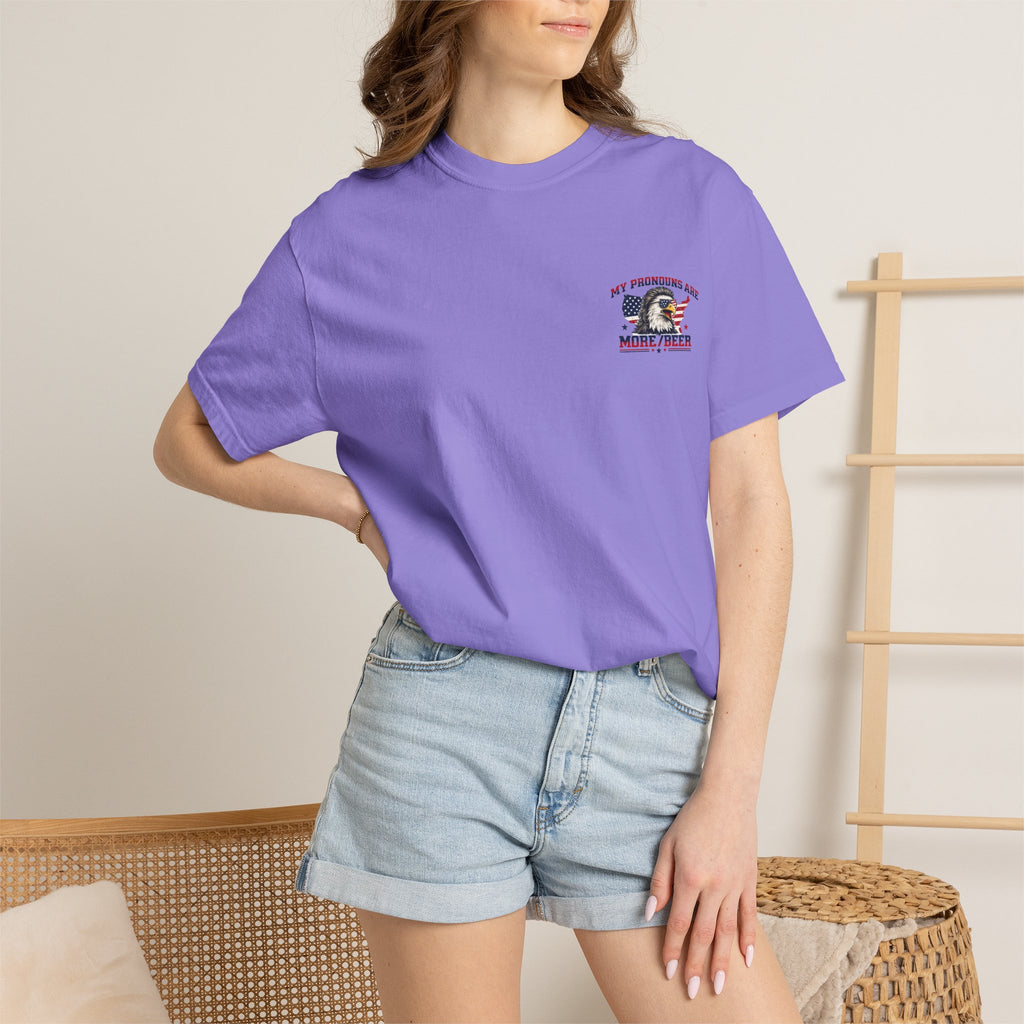 T-Shirt — "My Pronouns Are More/Beer" Patriotic Eagle Graphic