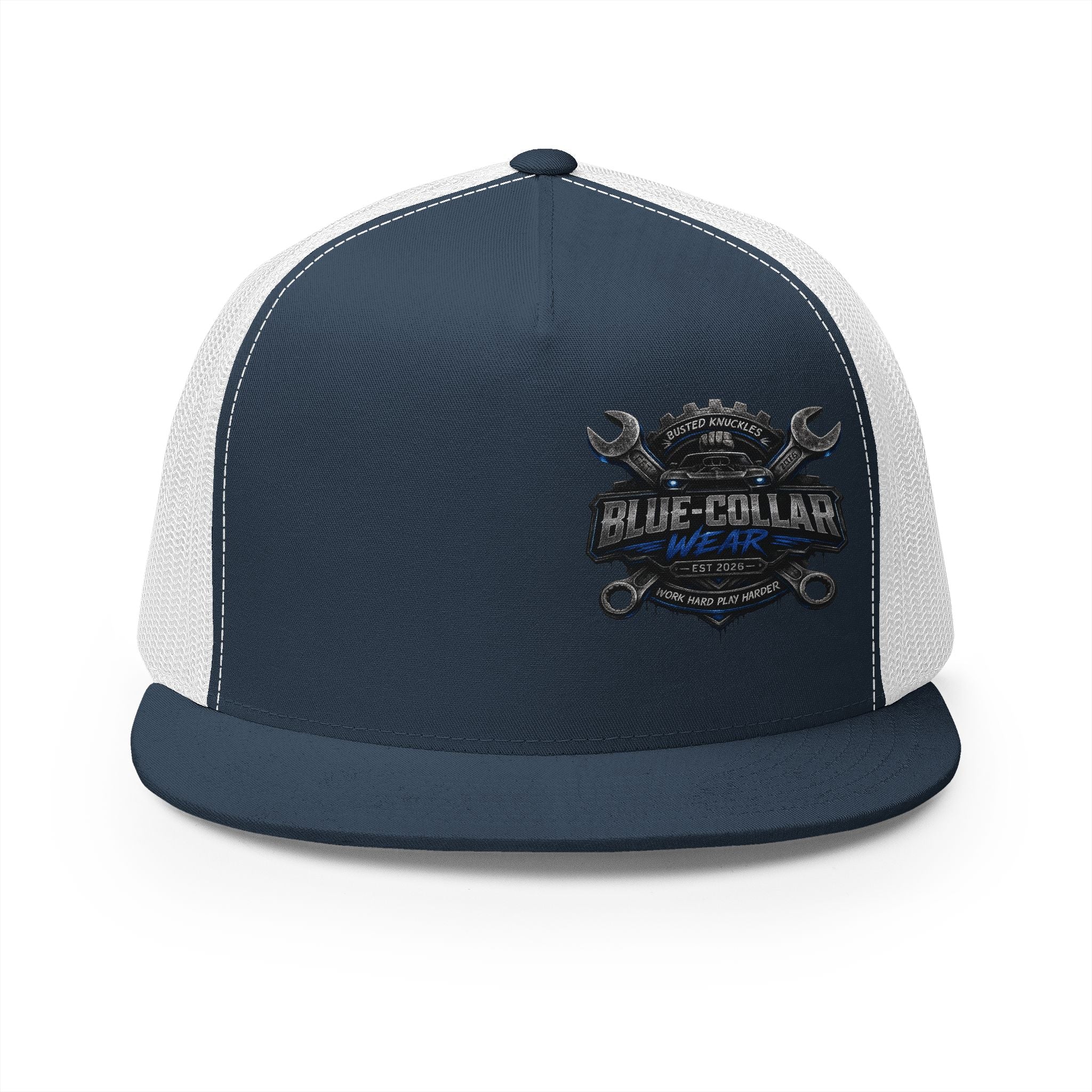 Blue-Collar Wear Trucker Cap — Vintage Mechanic Logo Snapback