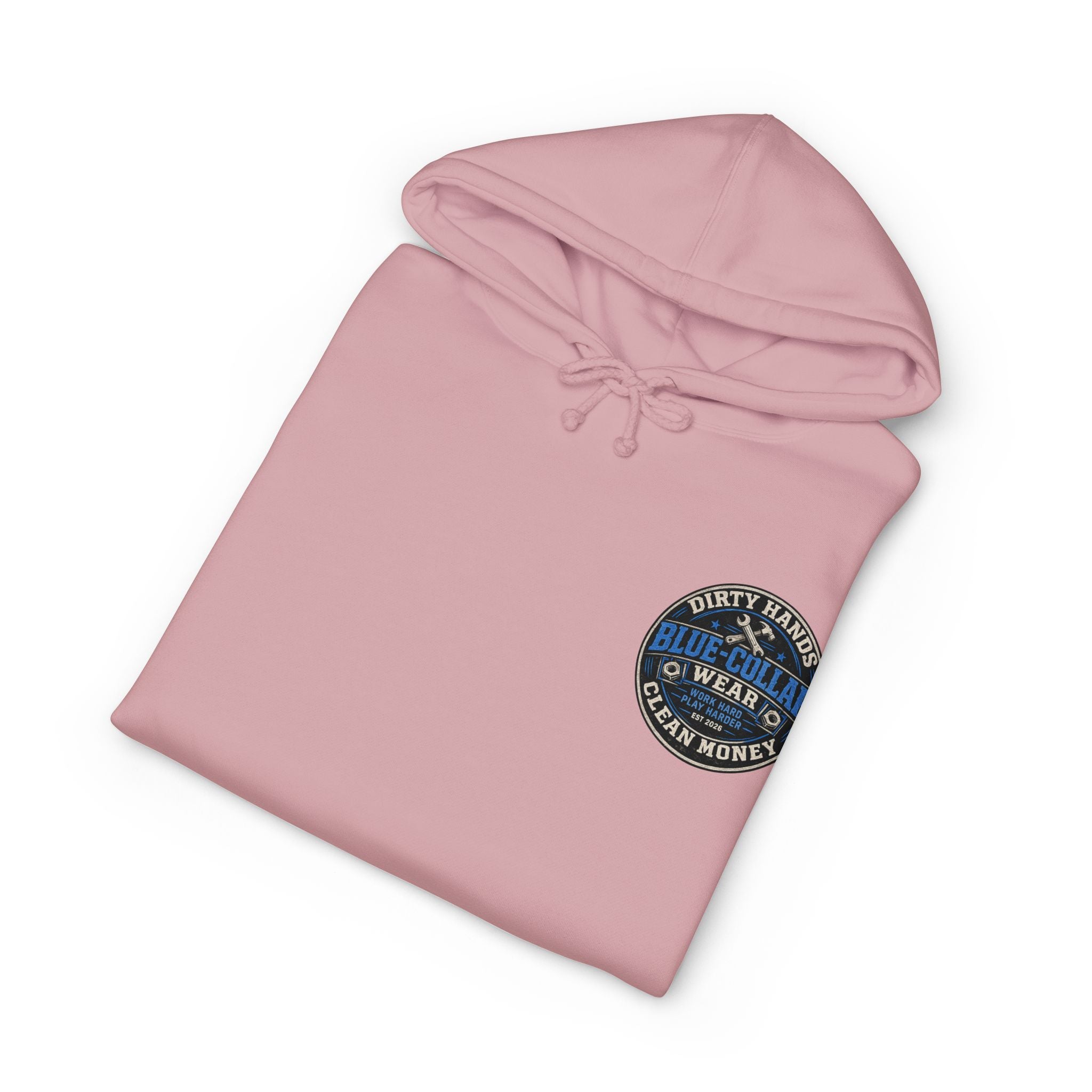 Blue-Collar Workwear Hoodie — "Dirty Hands, Clean Money" Chest & Back Graphic