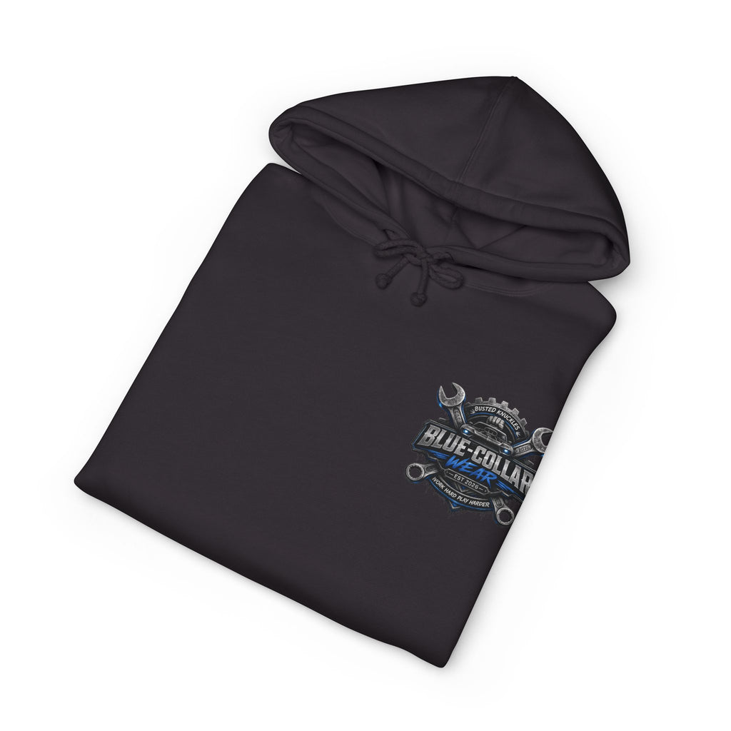 Blue-Collar Wear Hoodie — Mechanic Wrench Logo Workwear Pullover