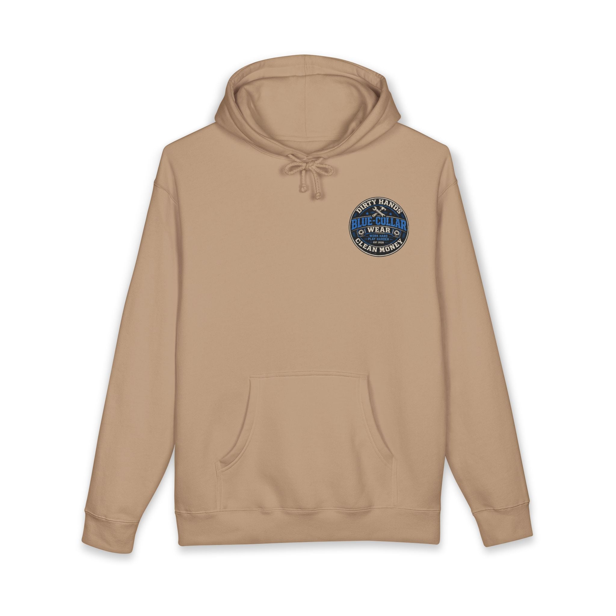 Blue-Collar Workwear Hoodie — "Dirty Hands, Clean Money" Chest & Back Graphic