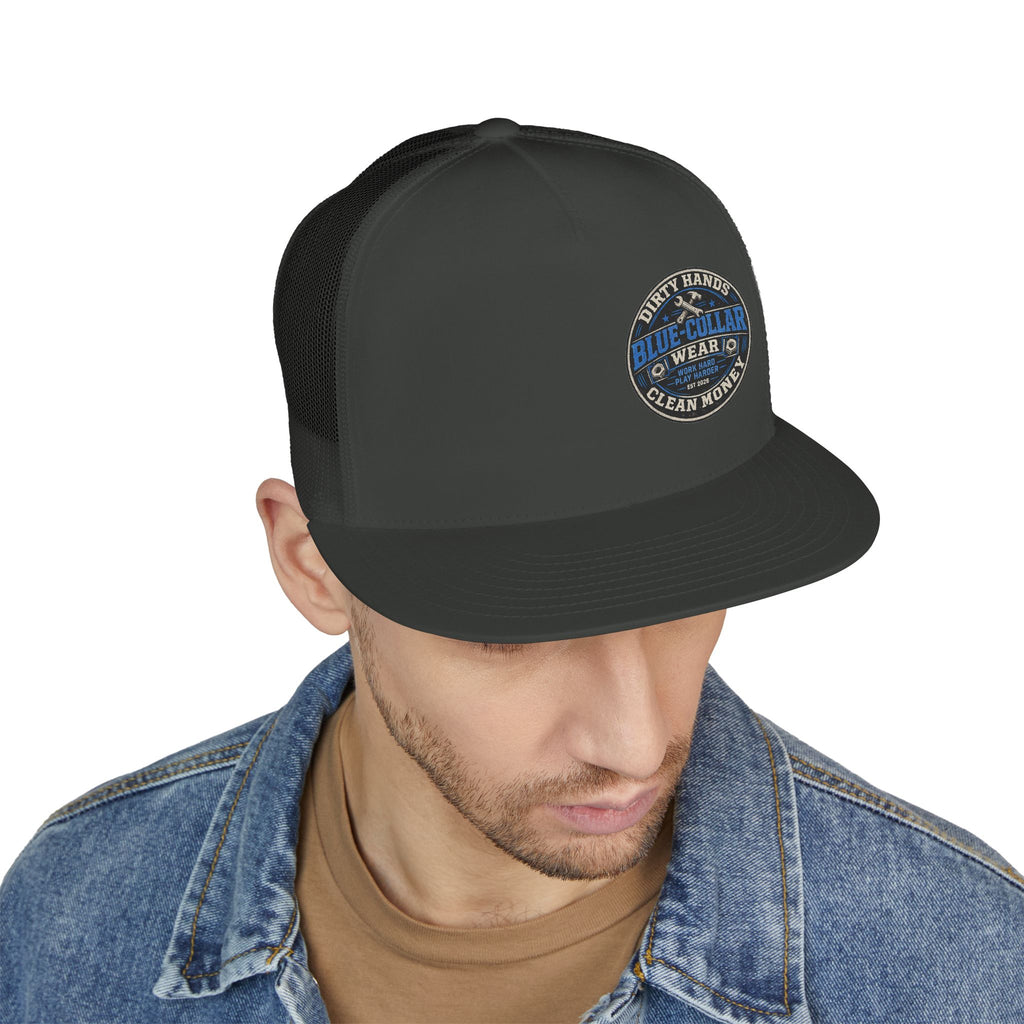 Blue-Collar Workwear Trucker Cap — "Dirty Hands Clean Money" Patch