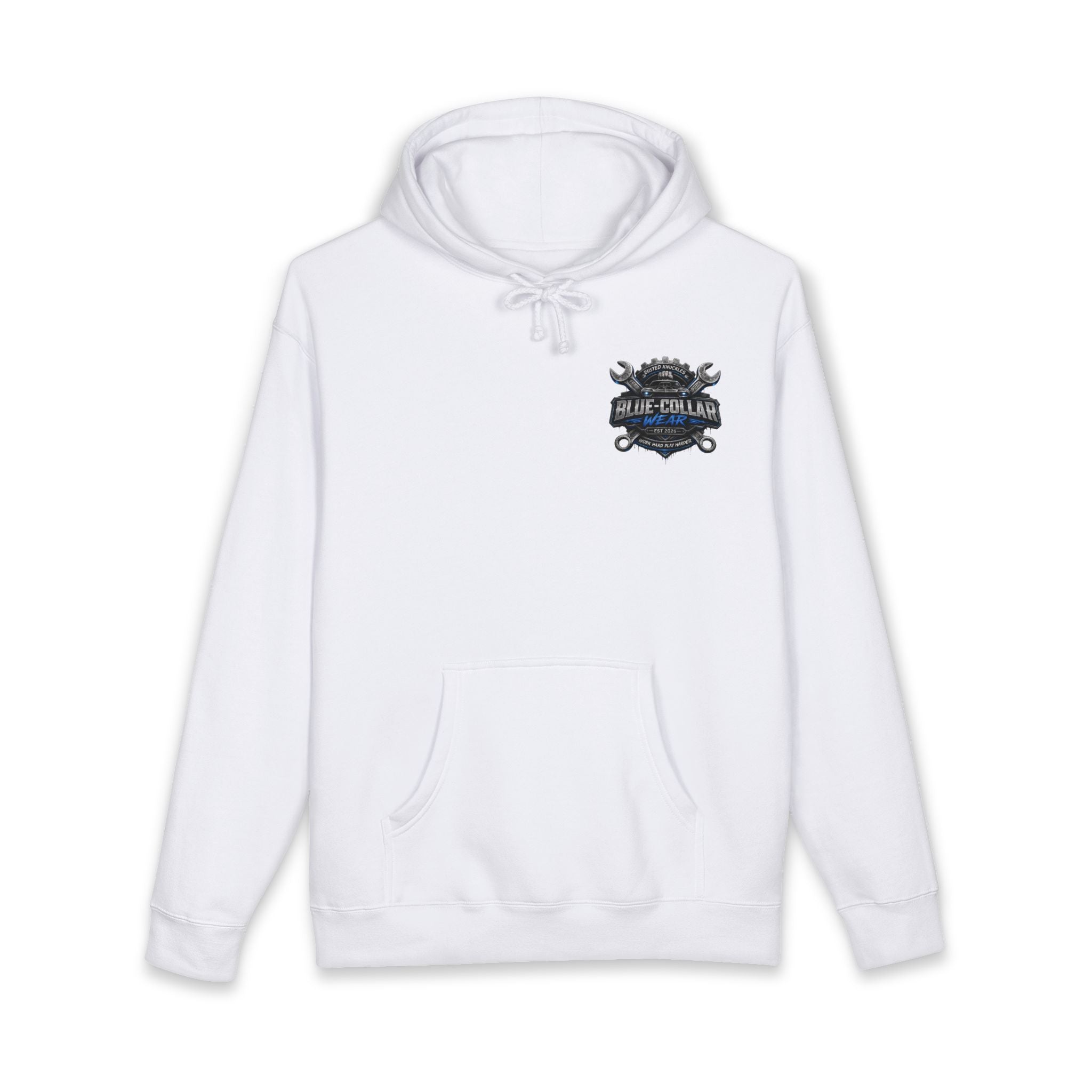 Blue-Collar Wear Hoodie — Mechanic Wrench Logo Workwear Pullover