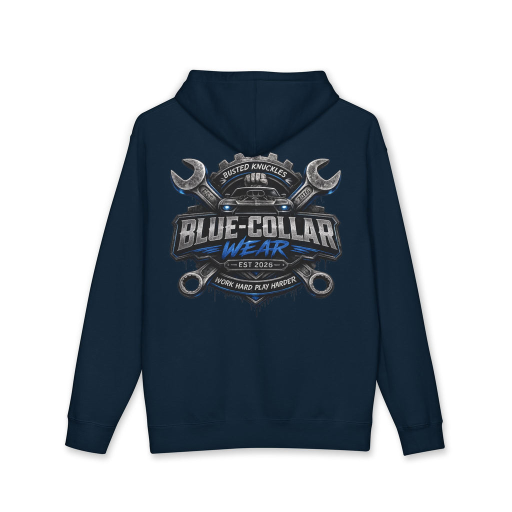 Blue-Collar Wear Hoodie — Mechanic Wrench Logo Workwear Pullover