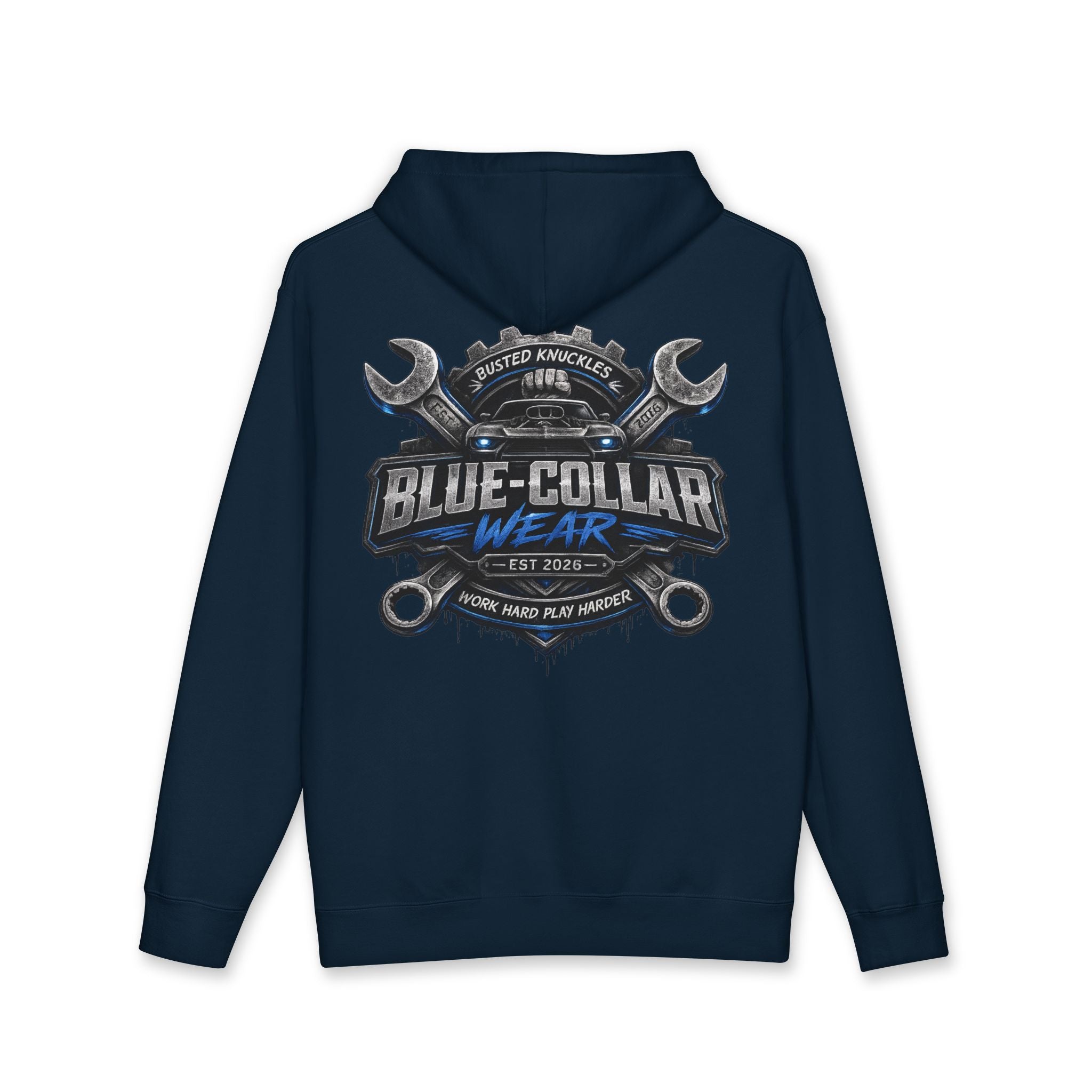 Blue-Collar Wear Hoodie — Mechanic Wrench Logo Workwear Pullover