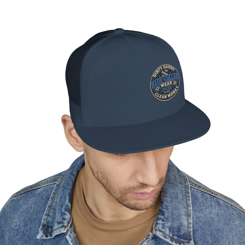 Blue-Collar Workwear Trucker Cap — "Dirty Hands Clean Money" Patch