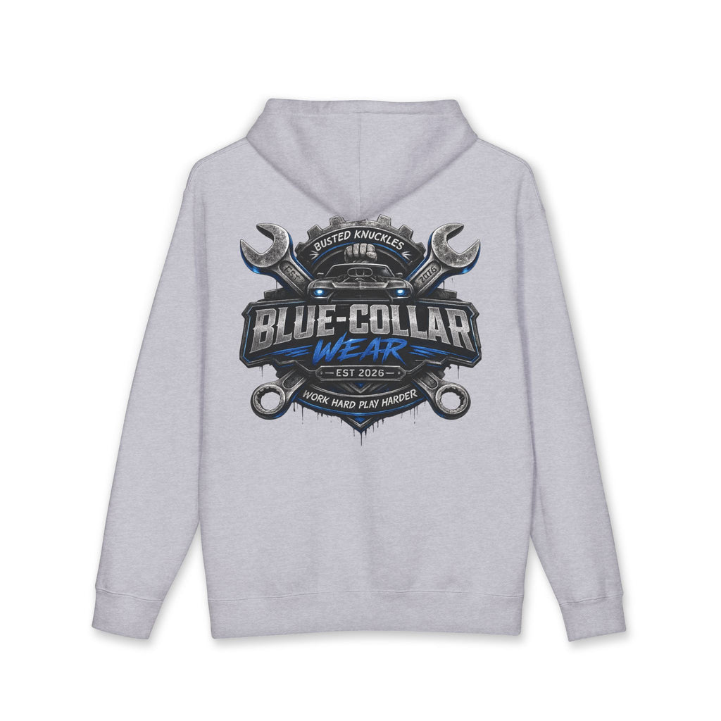 Blue-Collar Wear Hoodie — Mechanic Wrench Logo Workwear Pullover