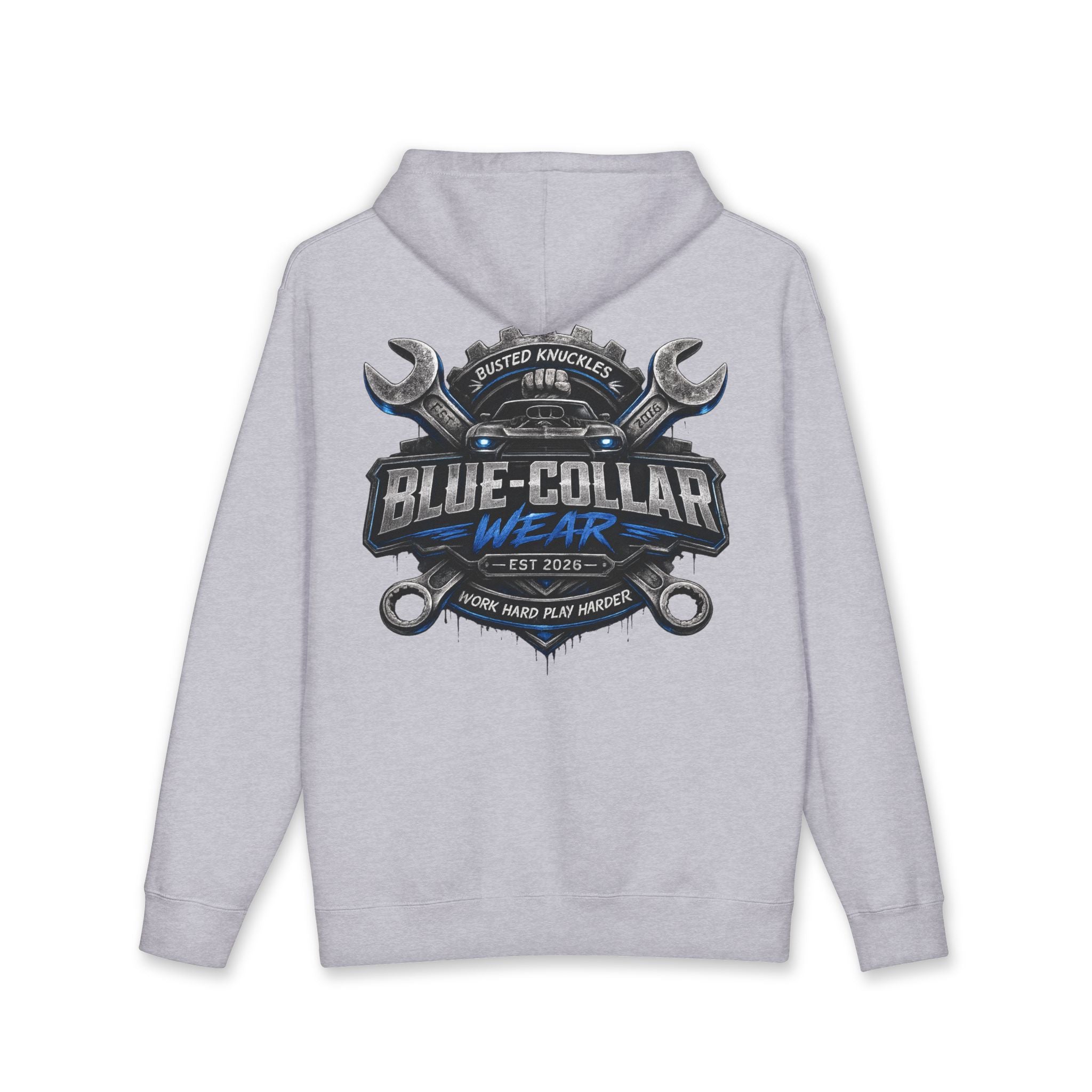 Blue-Collar Wear Hoodie — Mechanic Wrench Logo Workwear Pullover