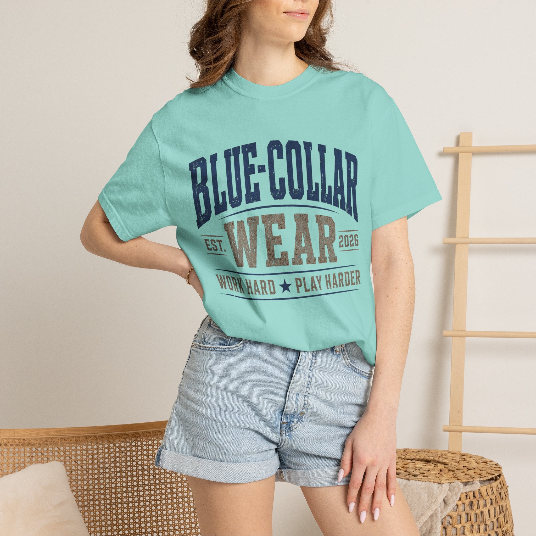 Blue-Collar Wear T-Shirt — "Work Hard • Play Harder" Retro Workwear Tee