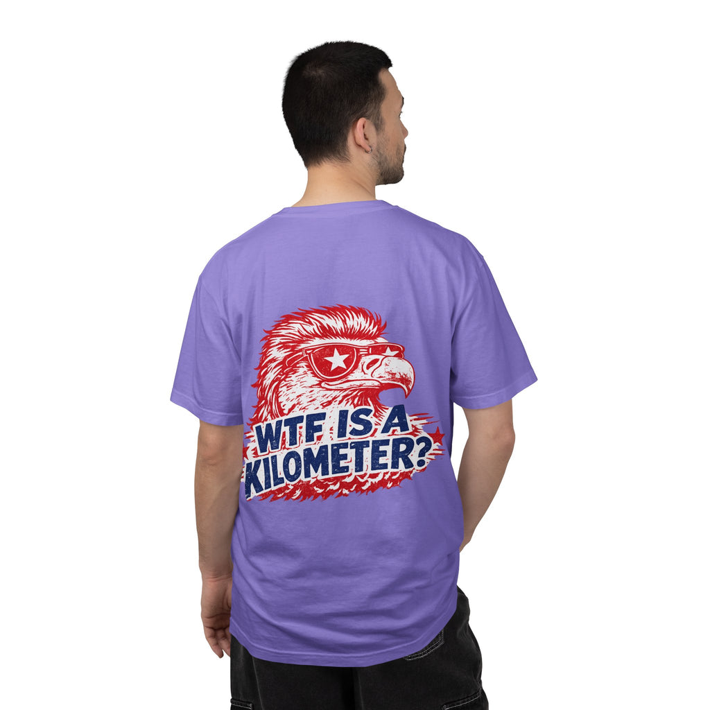 WTF Is a Kilometer? Graphic T‑Shirt — Retro Eagle Patriotic Travel Humor