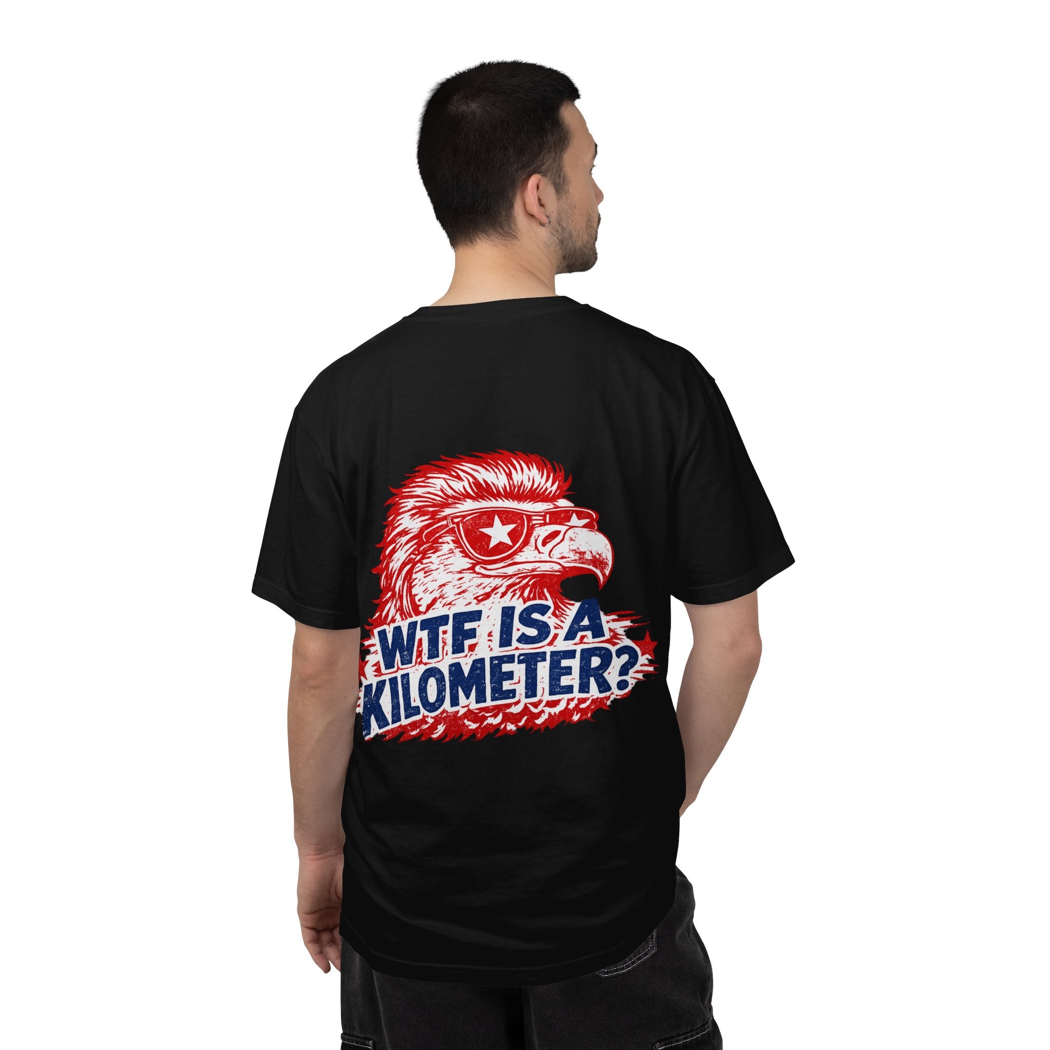 WTF Is a Kilometer? Graphic T‑Shirt — Retro Eagle Patriotic Travel Humor