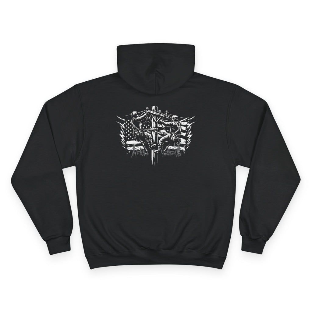 Champion Hoodie — Lineman with American Flag & Tactical Skull Graphic