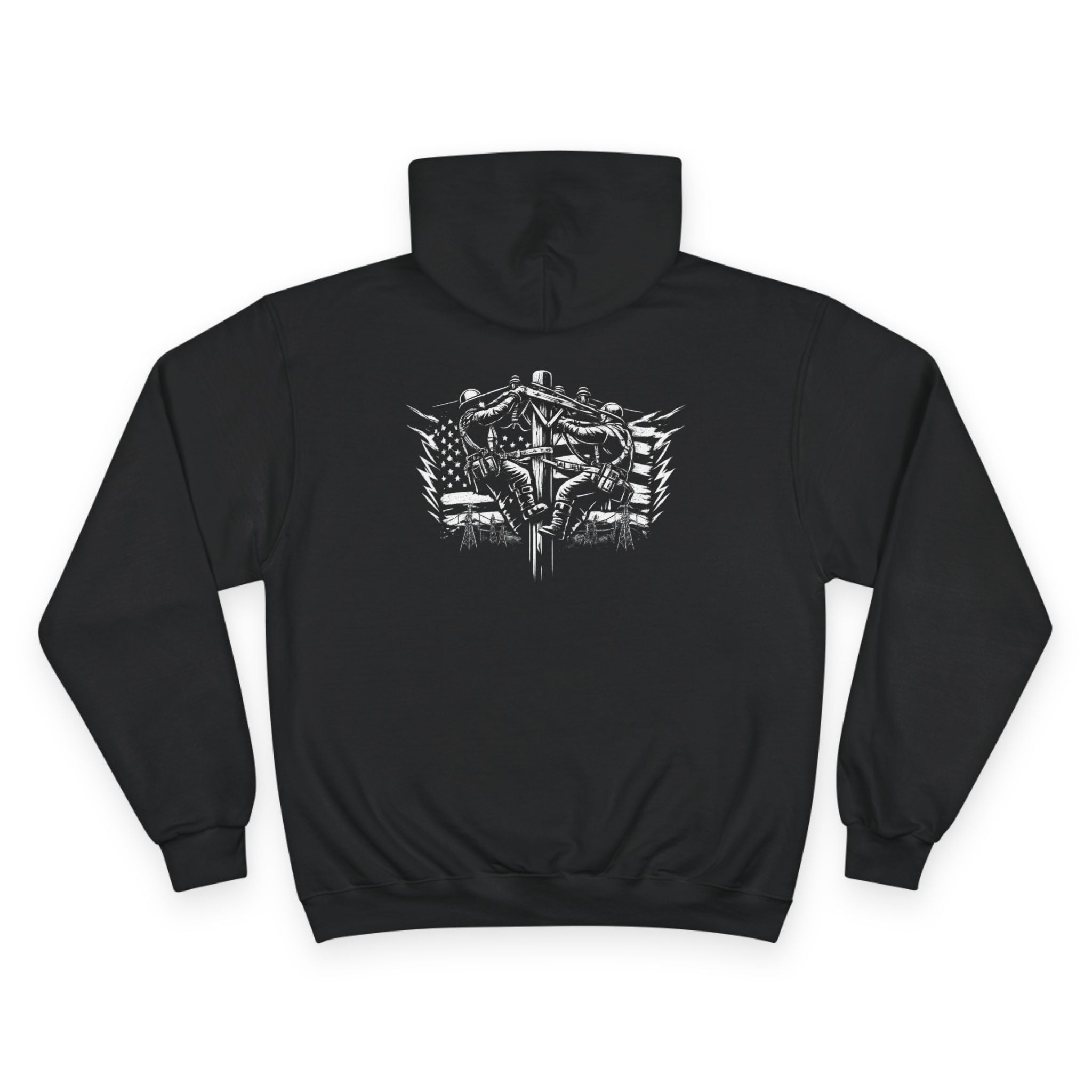 Champion Hoodie — Lineman with American Flag & Tactical Skull Graphic