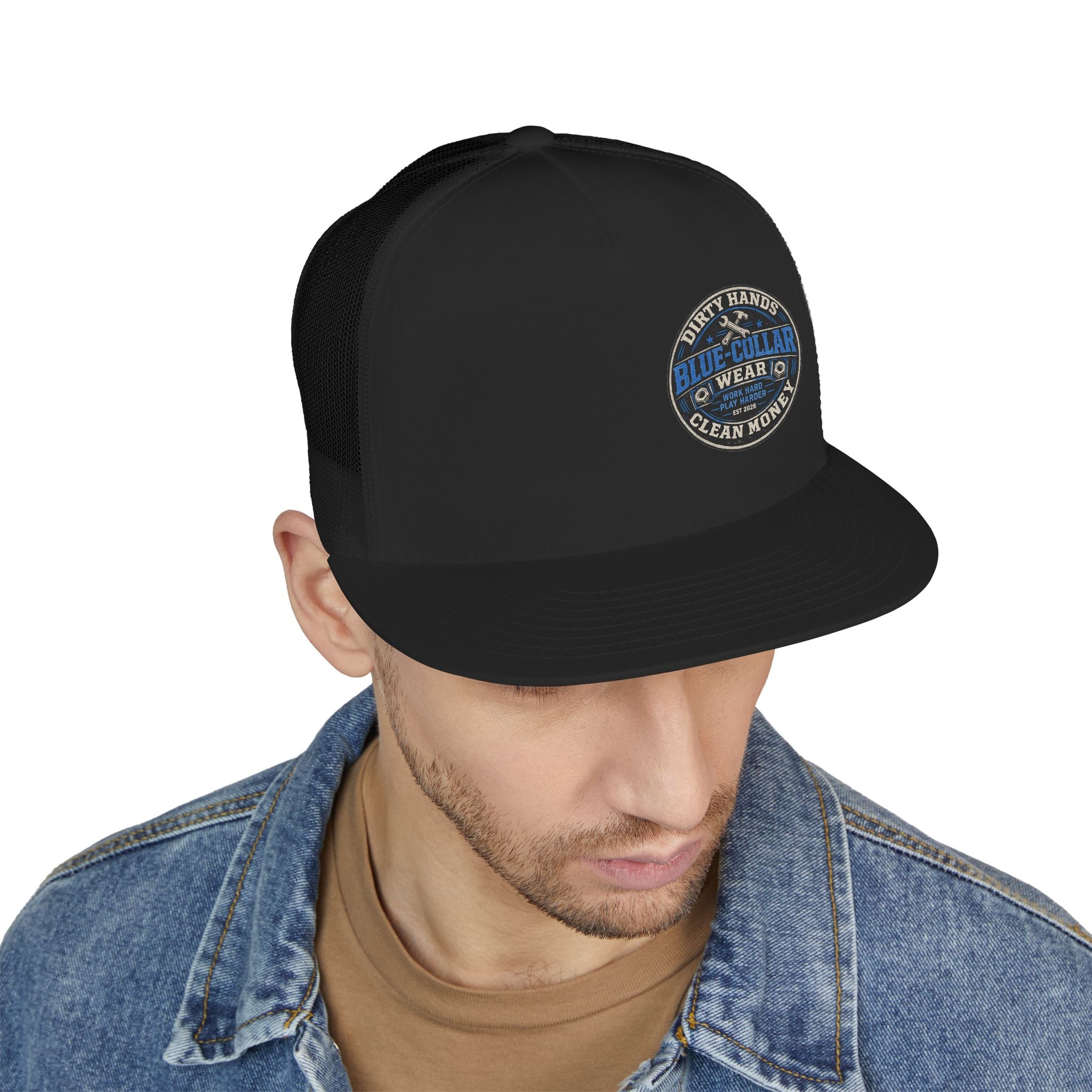 Blue-Collar Workwear Trucker Cap — "Dirty Hands Clean Money" Patch