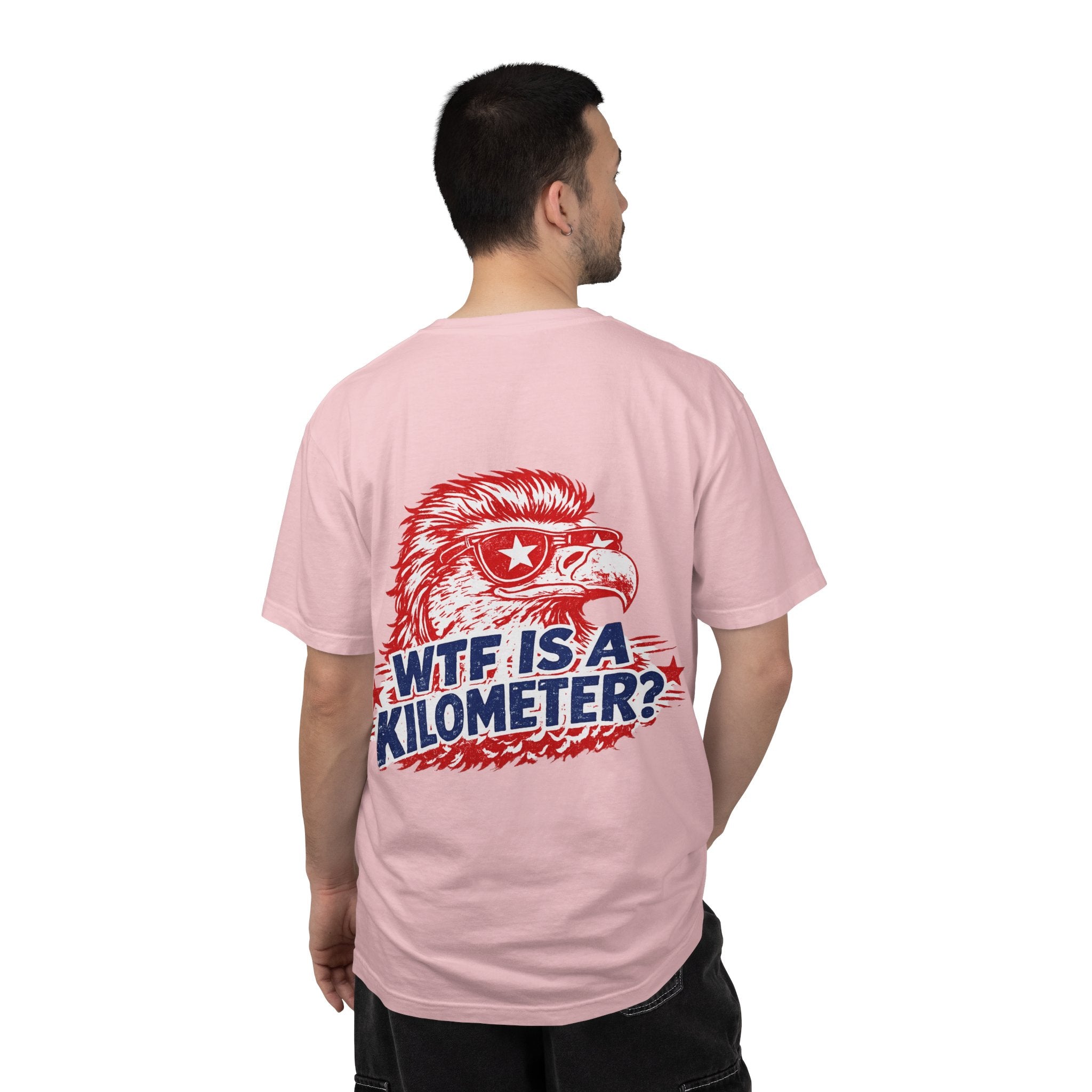 WTF Is a Kilometer? Graphic T‑Shirt — Retro Eagle Patriotic Travel Humor