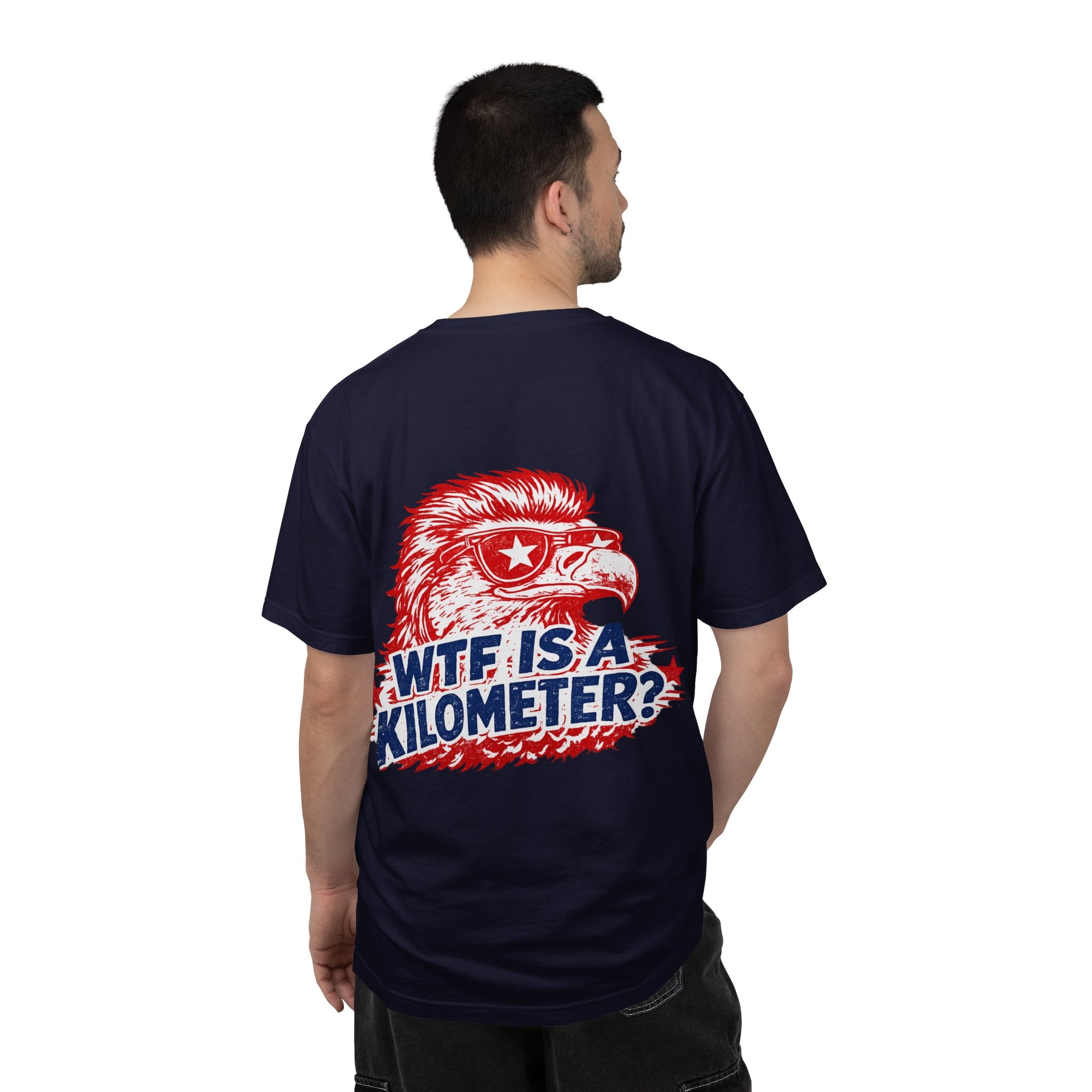 WTF Is a Kilometer? Graphic T‑Shirt — Retro Eagle Patriotic Travel Humor
