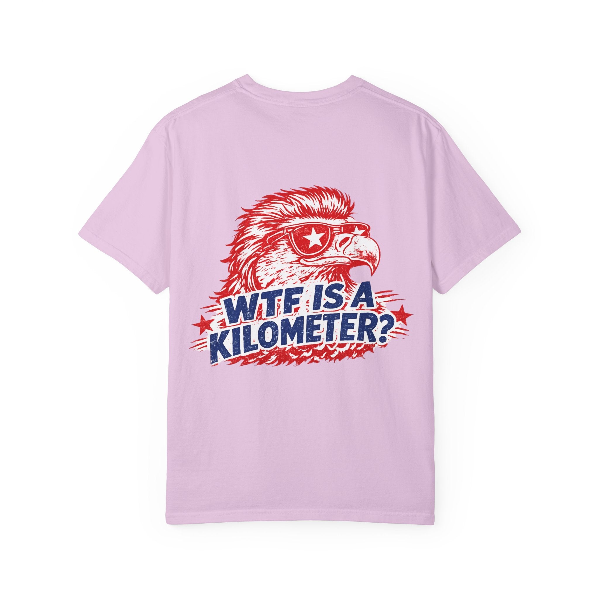 WTF Is a Kilometer? Graphic T‑Shirt — Retro Eagle Patriotic Travel Humor