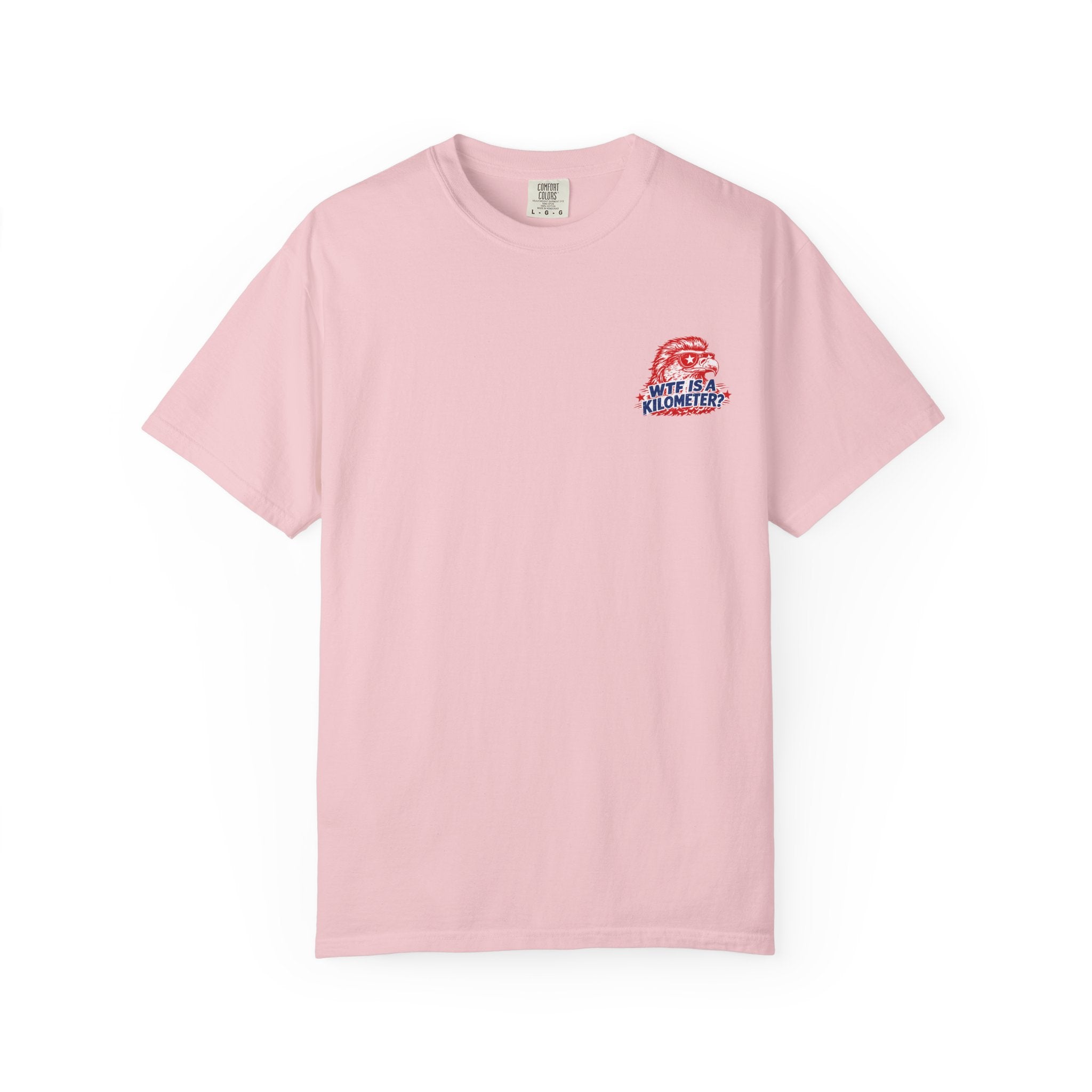 WTF Is a Kilometer? Graphic T‑Shirt — Retro Eagle Patriotic Travel Humor