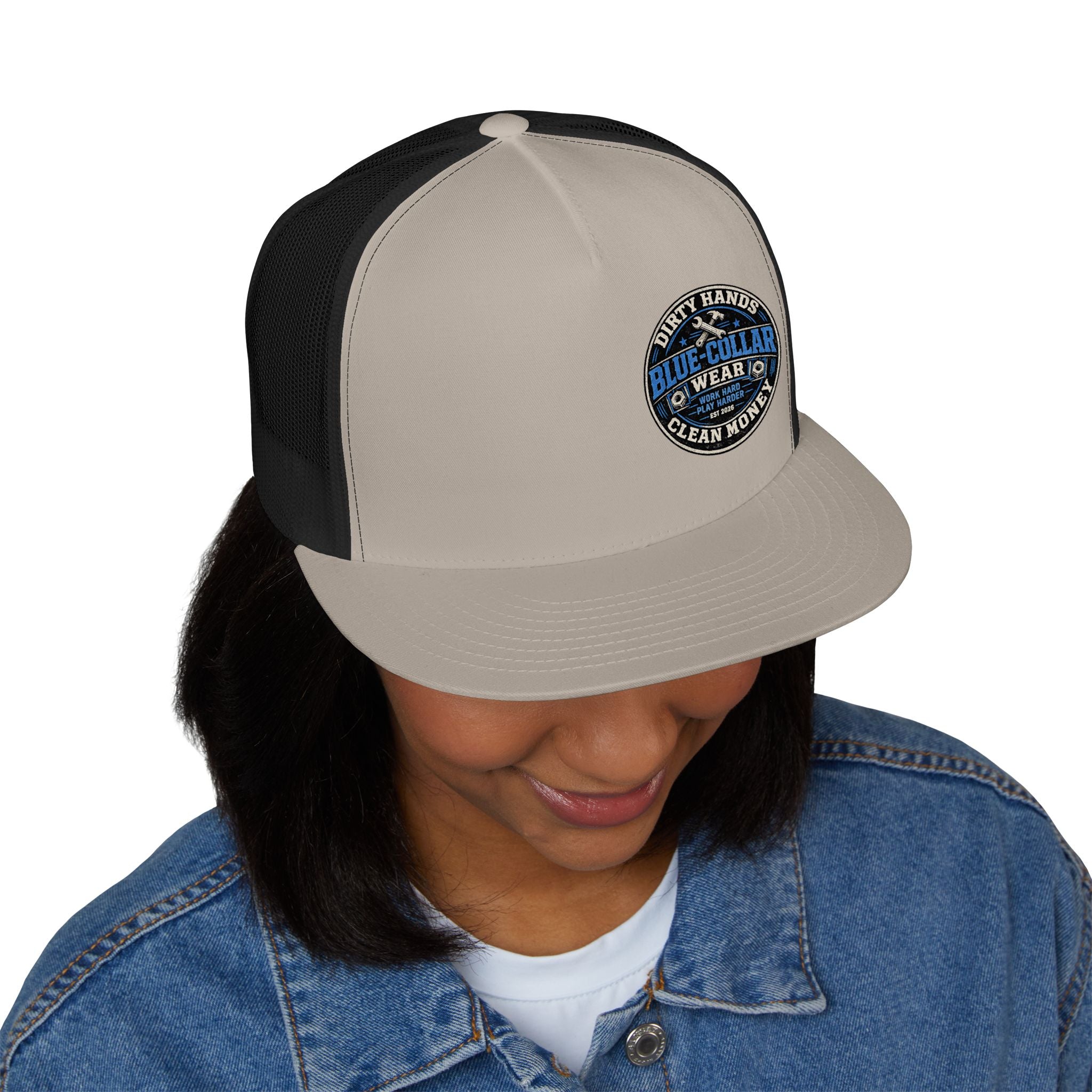 Blue-Collar Workwear Trucker Cap — "Dirty Hands Clean Money" Patch