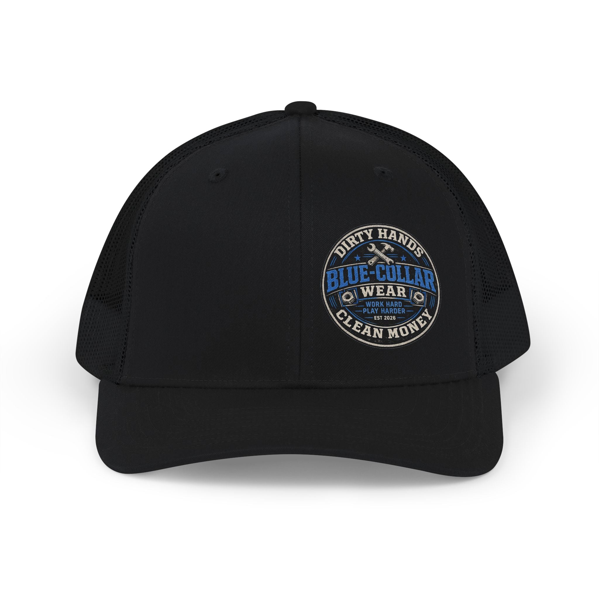 Blue Collar Trucker Snapback Cap — "Blue Collar Wear" Patch Mesh Hat