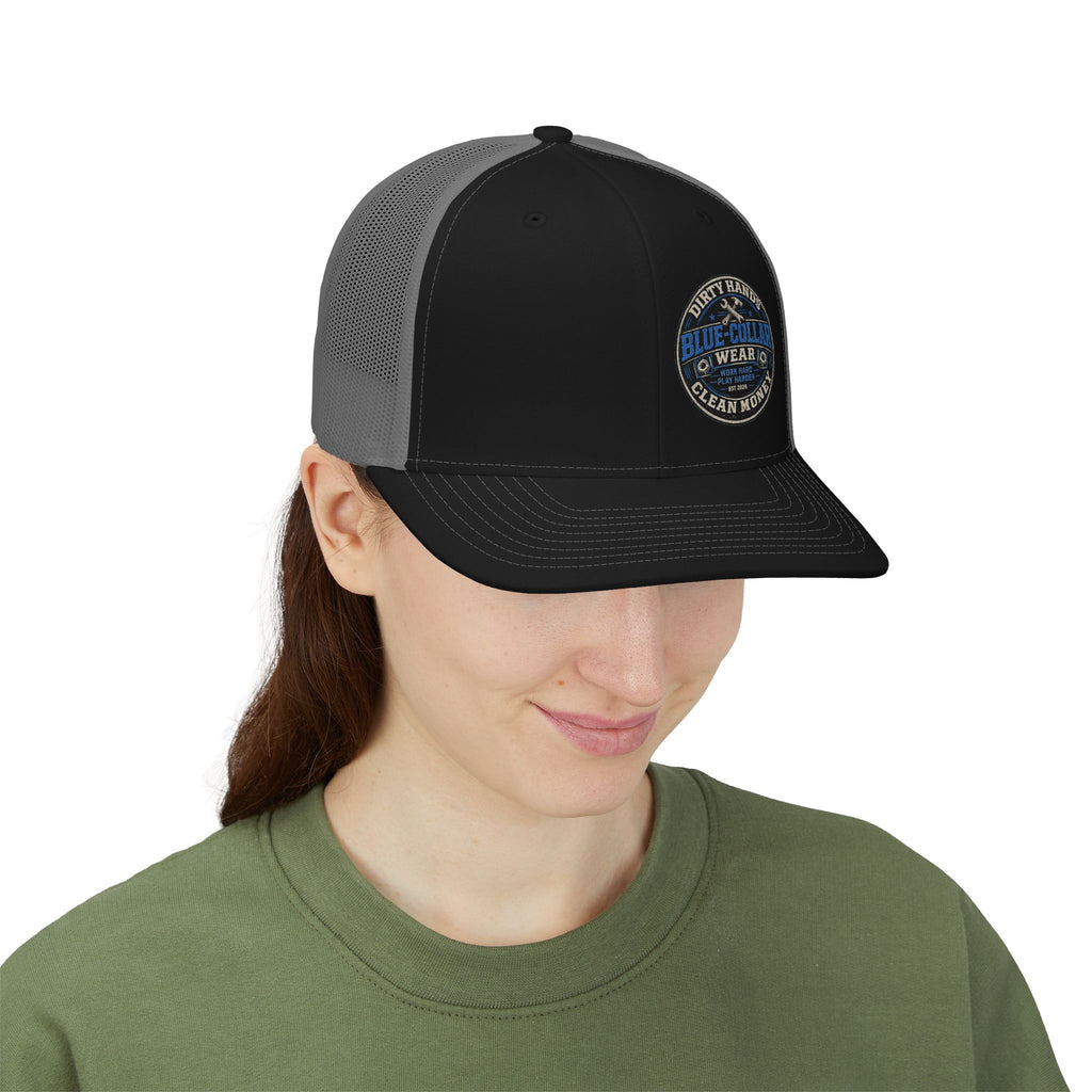 Blue Collar Trucker Snapback Cap — "Blue Collar Wear" Patch Mesh Hat