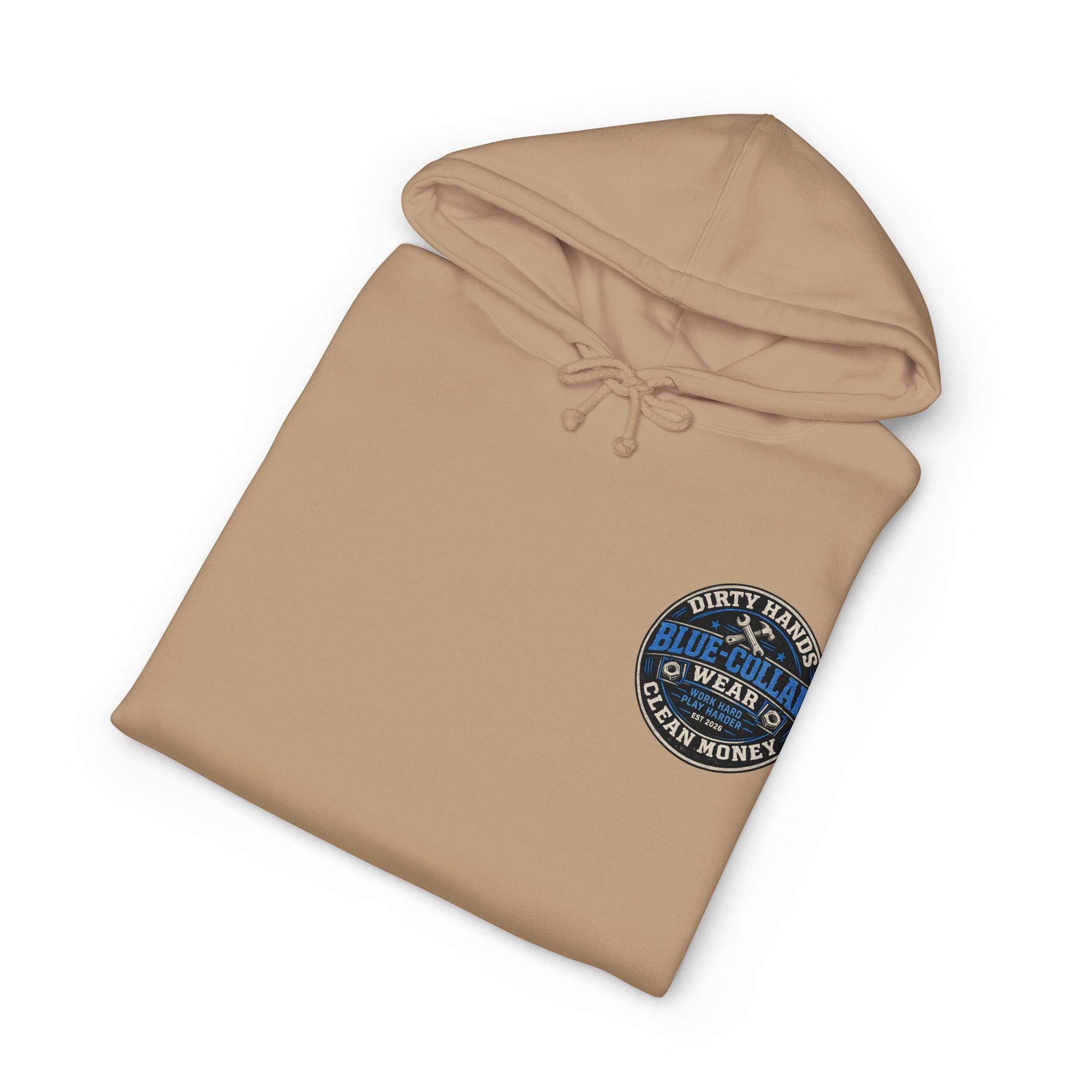 Blue-Collar Workwear Hoodie — "Dirty Hands, Clean Money" Chest & Back Graphic