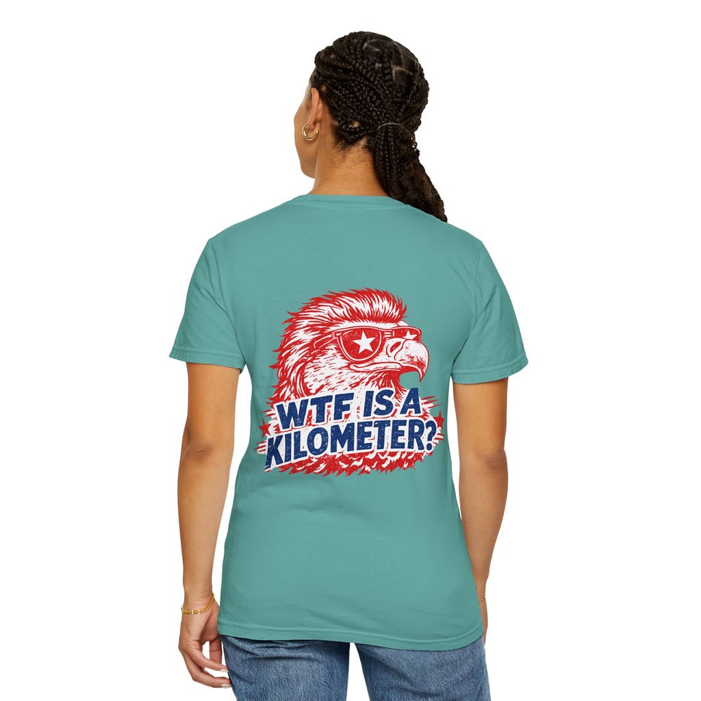 WTF Is a Kilometer? Graphic T‑Shirt — Retro Eagle Patriotic Travel Humor