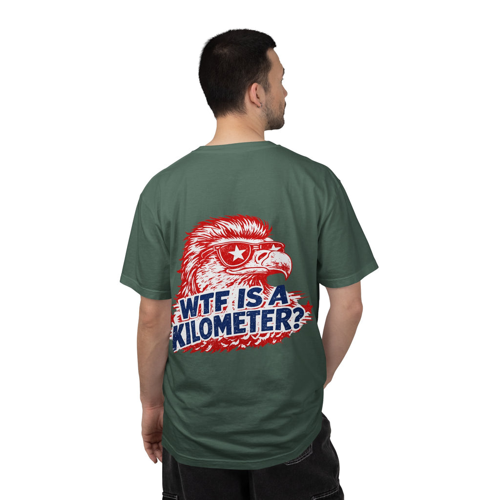 WTF Is a Kilometer? Graphic T‑Shirt — Retro Eagle Patriotic Travel Humor