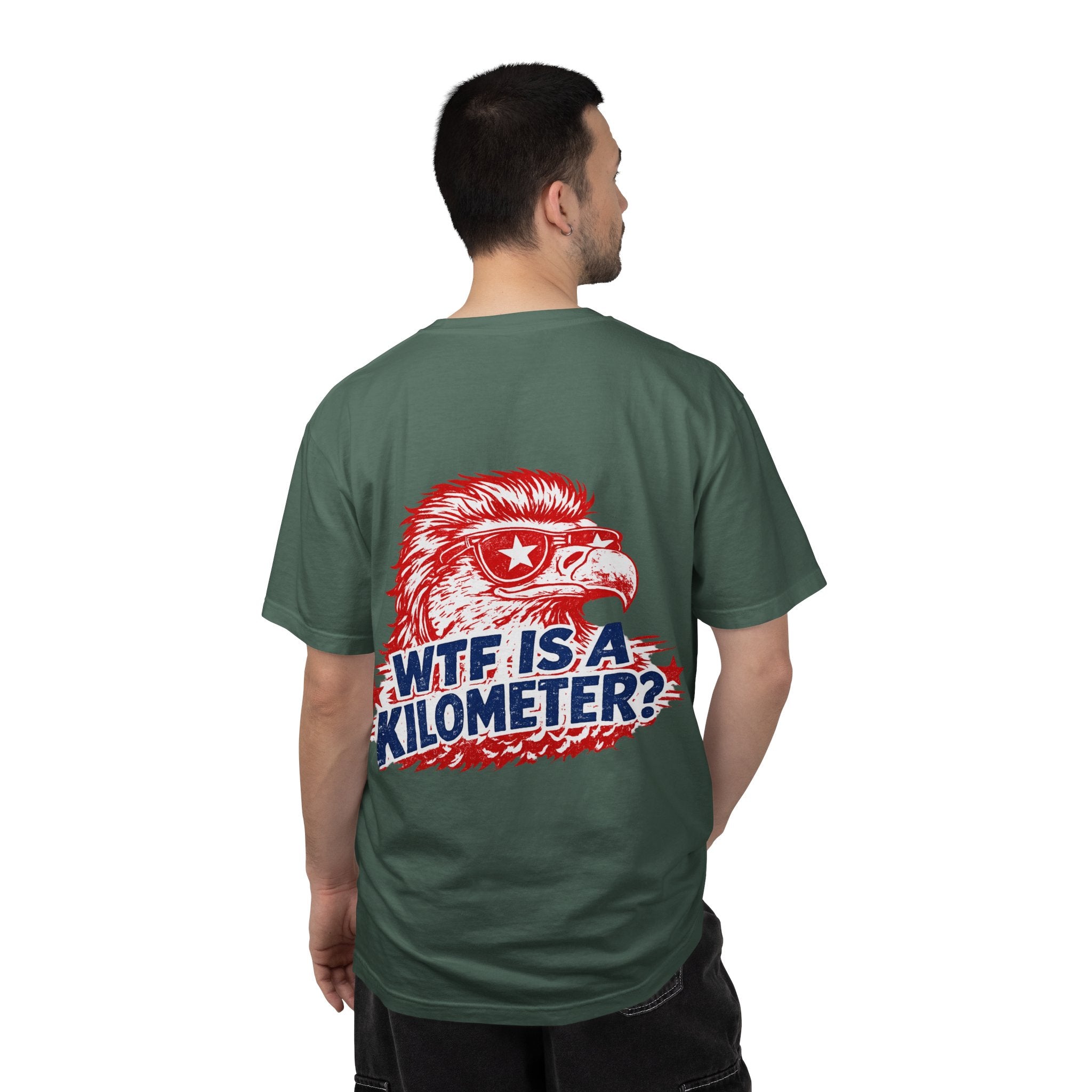 WTF Is a Kilometer? Graphic T‑Shirt — Retro Eagle Patriotic Travel Humor