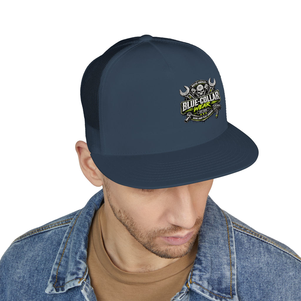 Blue Collar Wear Trucker Cap Mechanic — Workwear Skull Logo Mesh Snapback