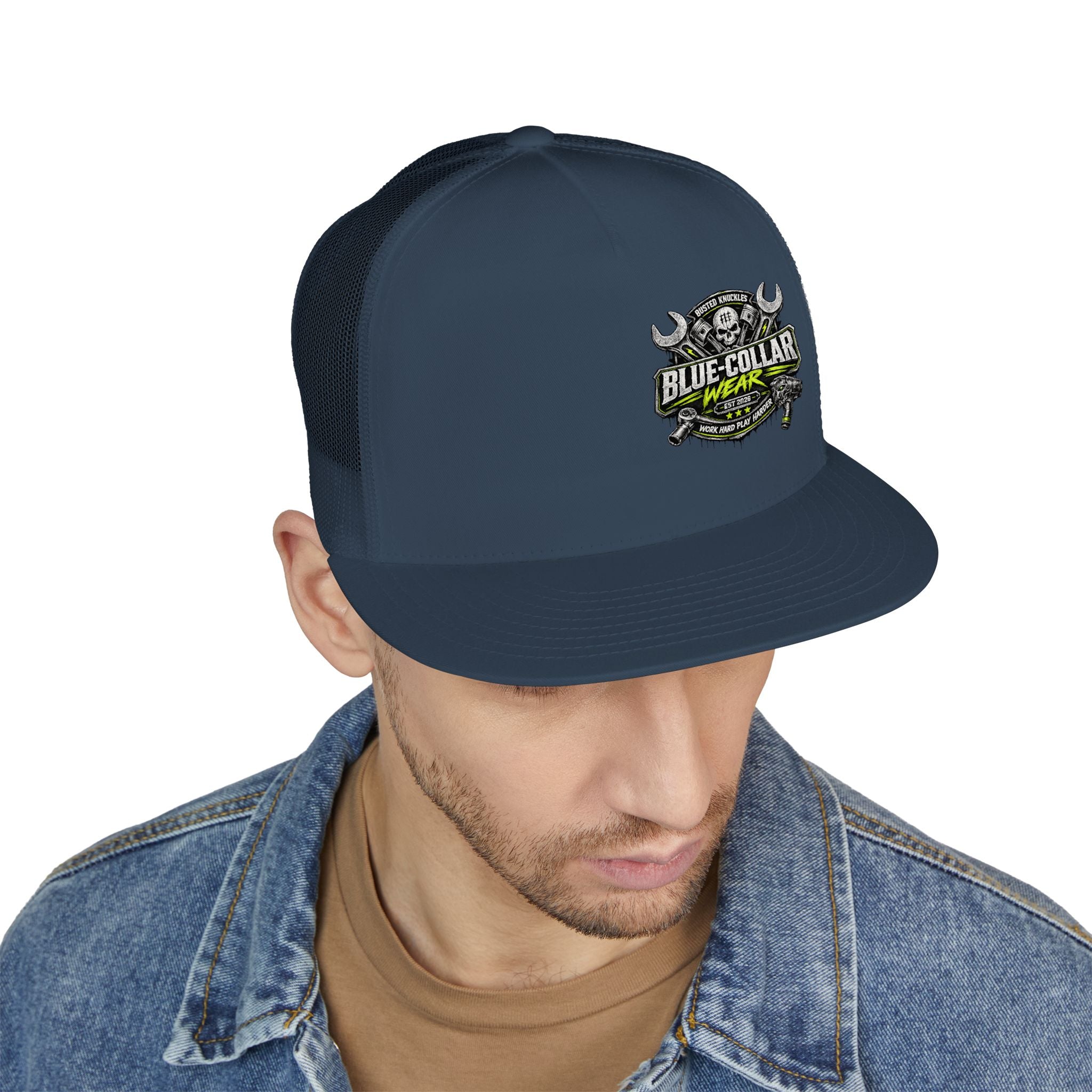 Blue Collar Wear Trucker Cap Mechanic — Workwear Skull Logo Mesh Snapback