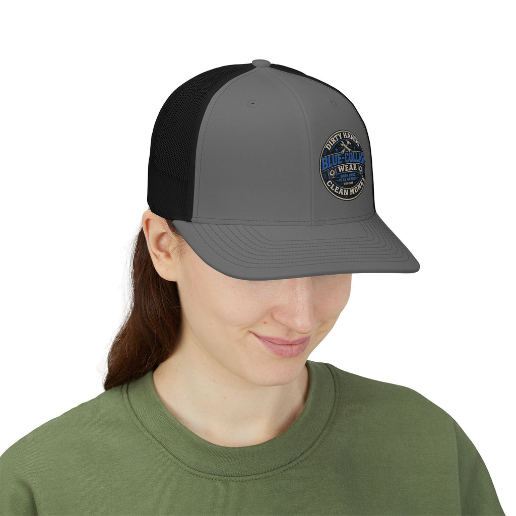 Blue Collar Trucker Snapback Cap — "Blue Collar Wear" Patch Mesh Hat