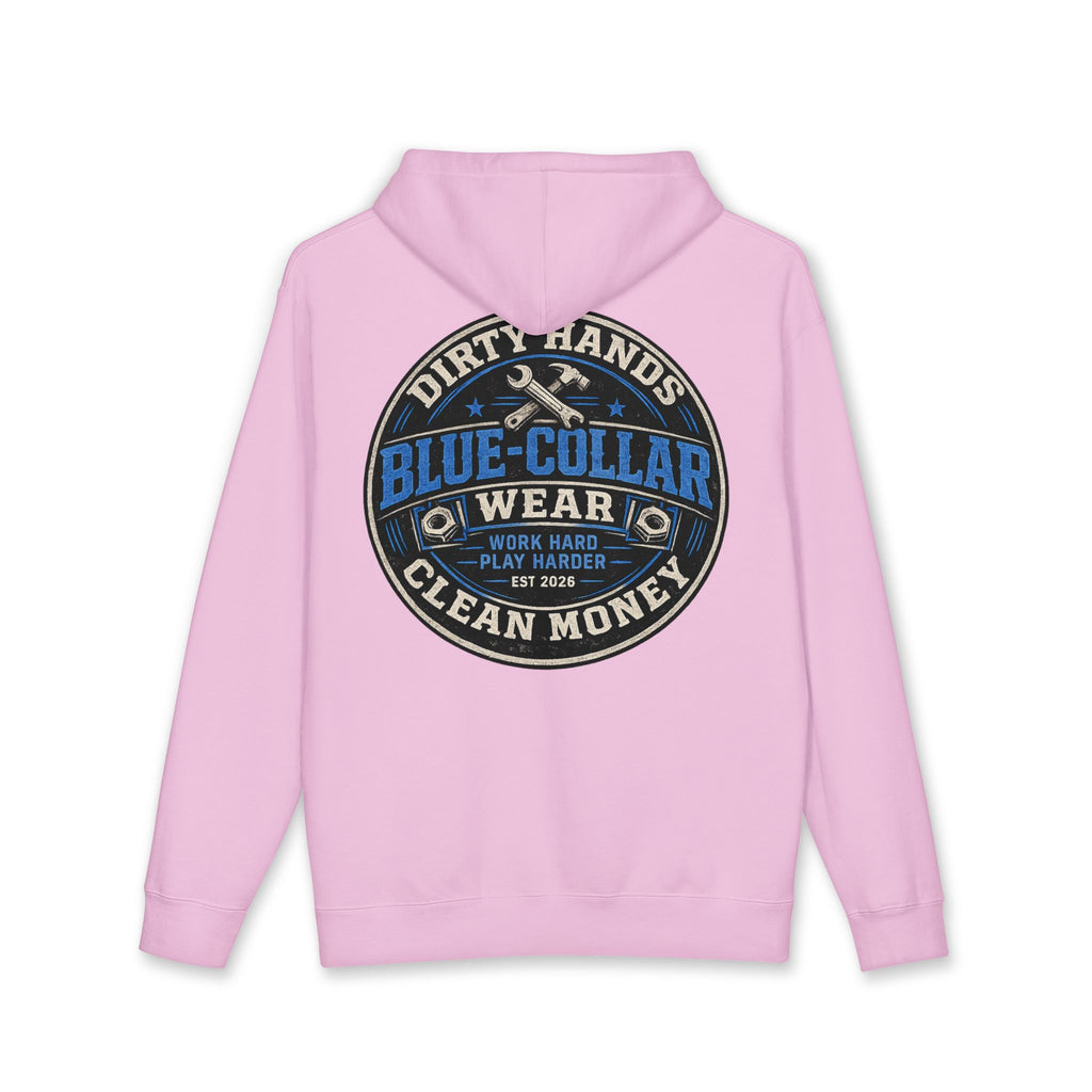Blue-Collar Workwear Hoodie — "Dirty Hands, Clean Money" Chest & Back Graphic