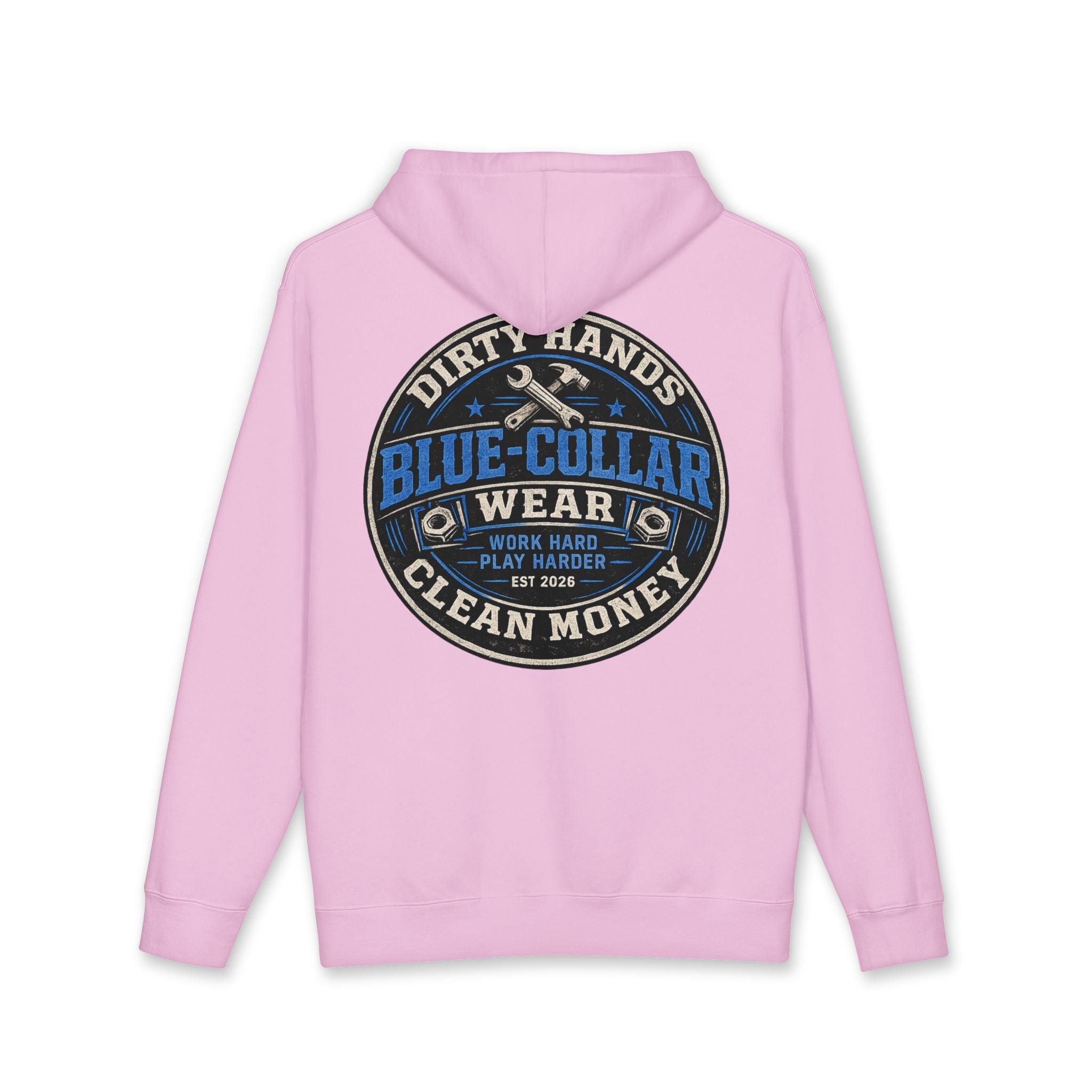 Blue-Collar Workwear Hoodie — "Dirty Hands, Clean Money" Chest & Back Graphic
