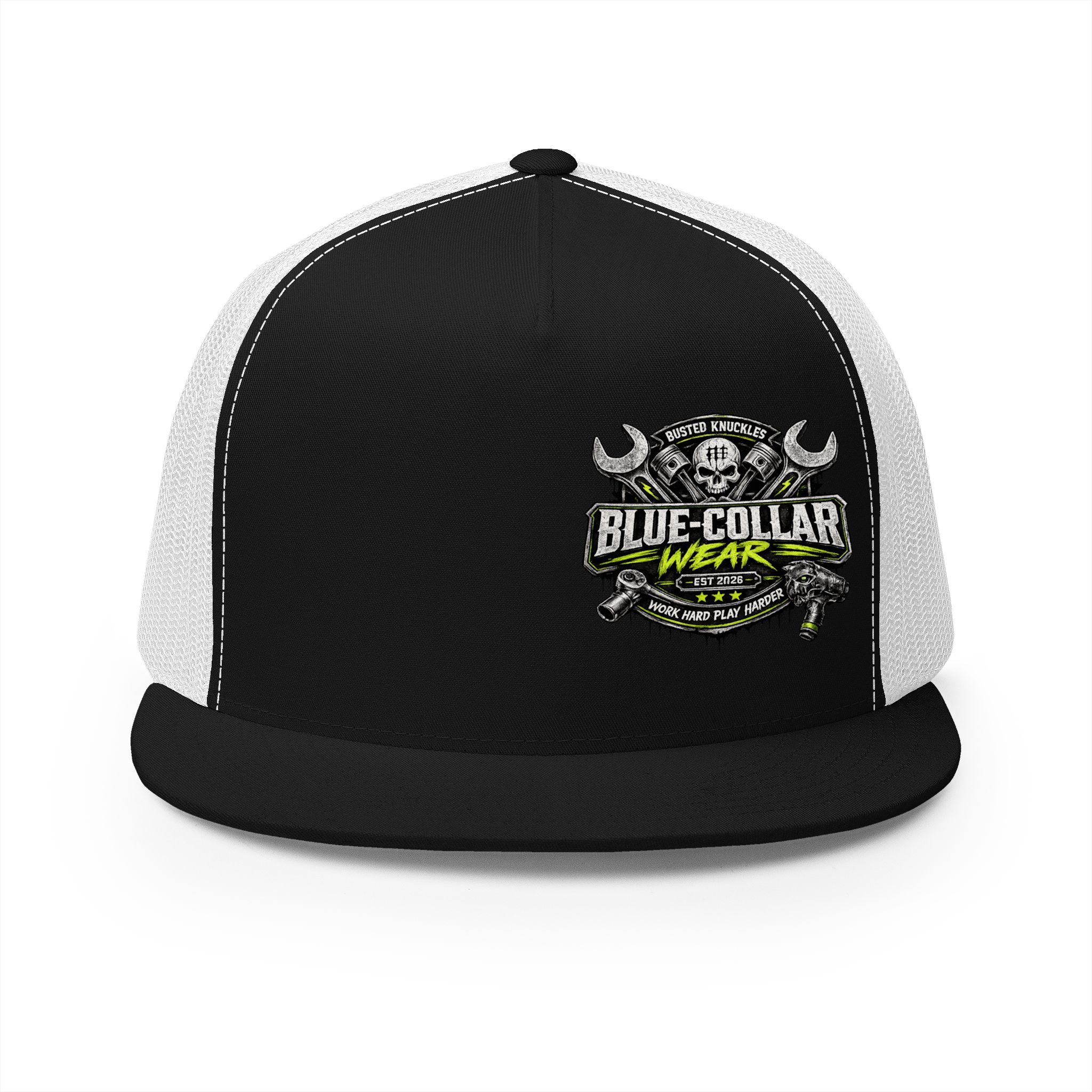 Blue Collar Wear Trucker Cap Mechanic — Workwear Skull Logo Mesh Snapback