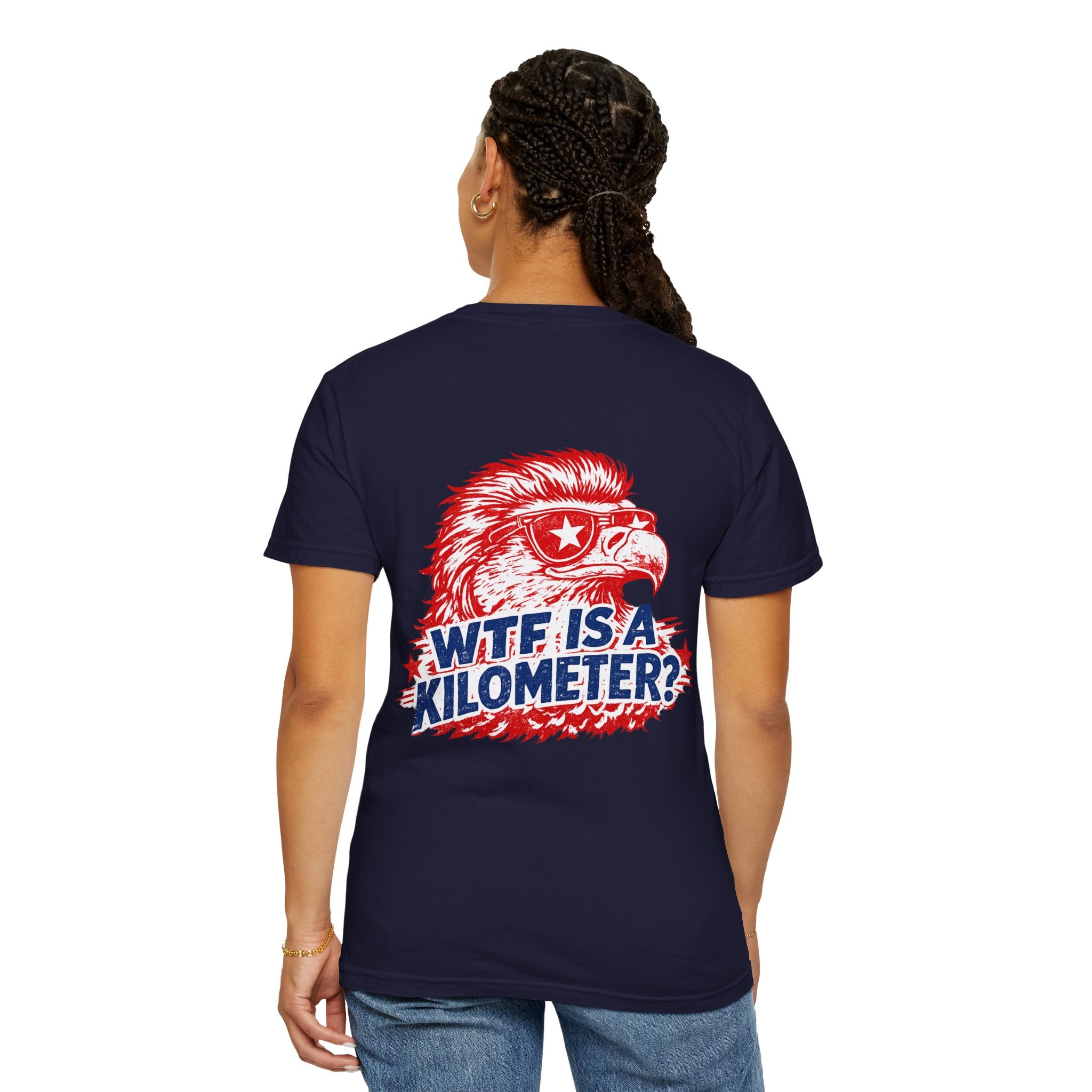 WTF Is a Kilometer? Graphic T‑Shirt — Retro Eagle Patriotic Travel Humor