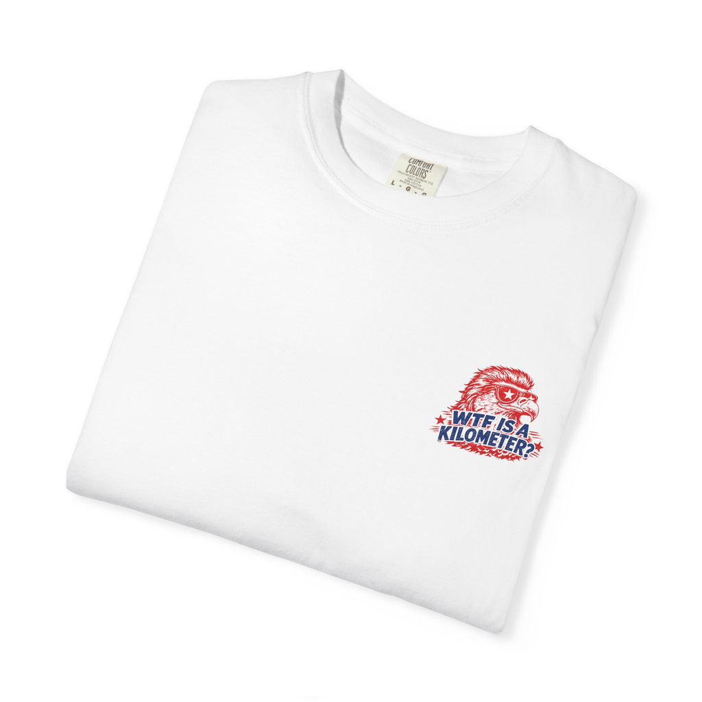 WTF Is a Kilometer? Graphic T‑Shirt — Retro Eagle Patriotic Travel Humor