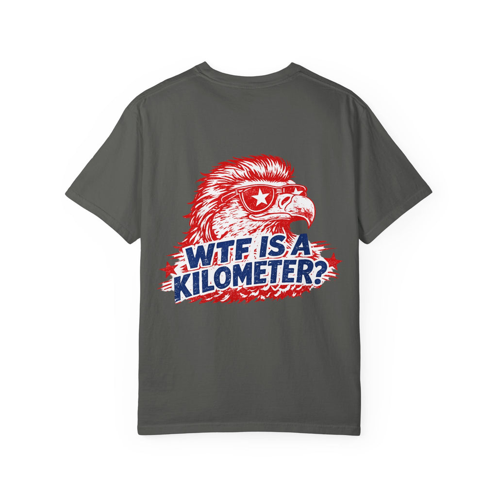 WTF Is a Kilometer? Graphic T‑Shirt — Retro Eagle Patriotic Travel Humor
