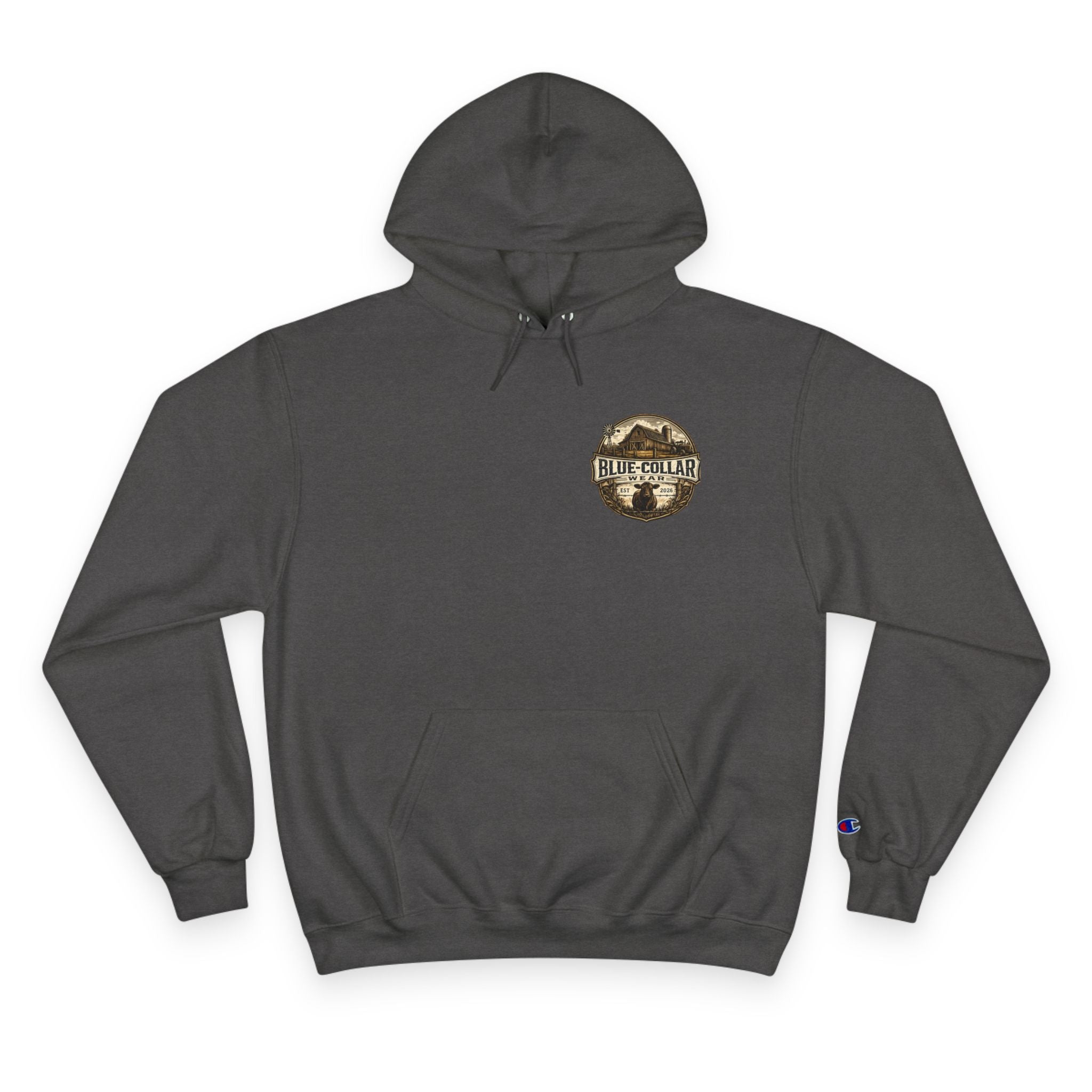Blue-Collar Wear RANCHER Shield Hoodie — Vintage Workwear Logo Pullover