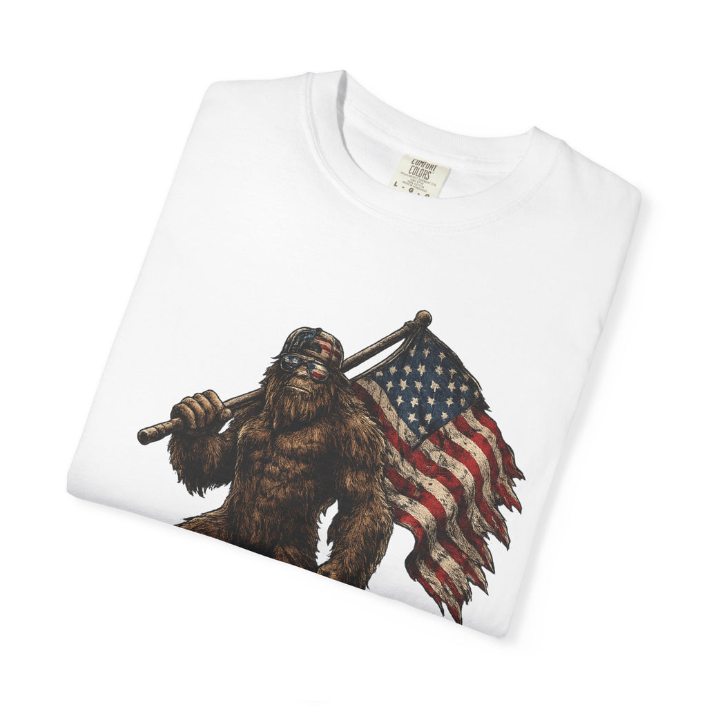 'Merica Bigfoot Flag T-Shirt — Patriotic Sasquatch Americana Tee