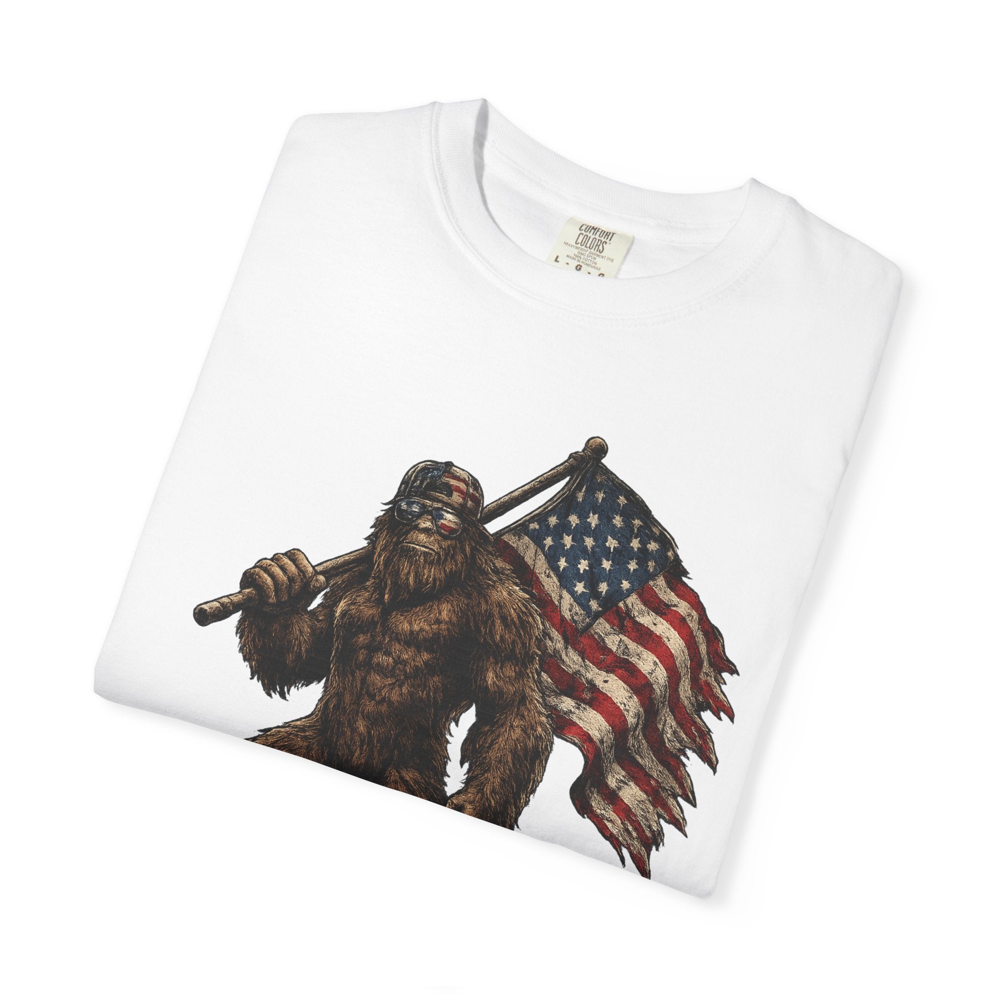 'Merica Bigfoot Flag T-Shirt — Patriotic Sasquatch Americana Tee