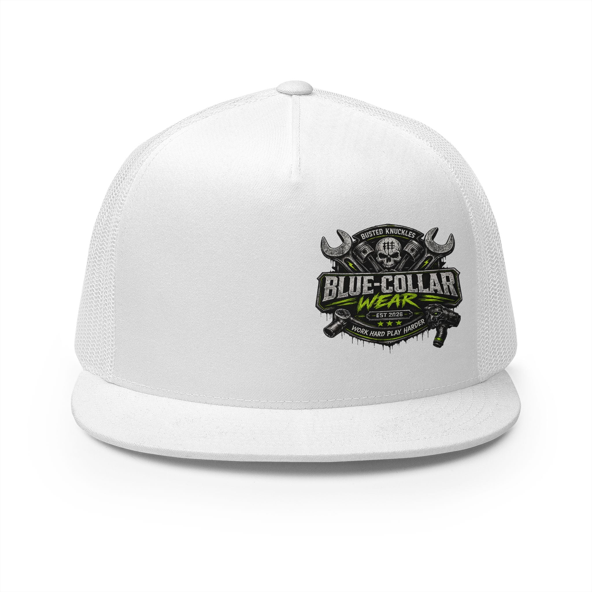 Blue Collar Wear Trucker Cap Mechanic — Workwear Skull Logo Mesh Snapback